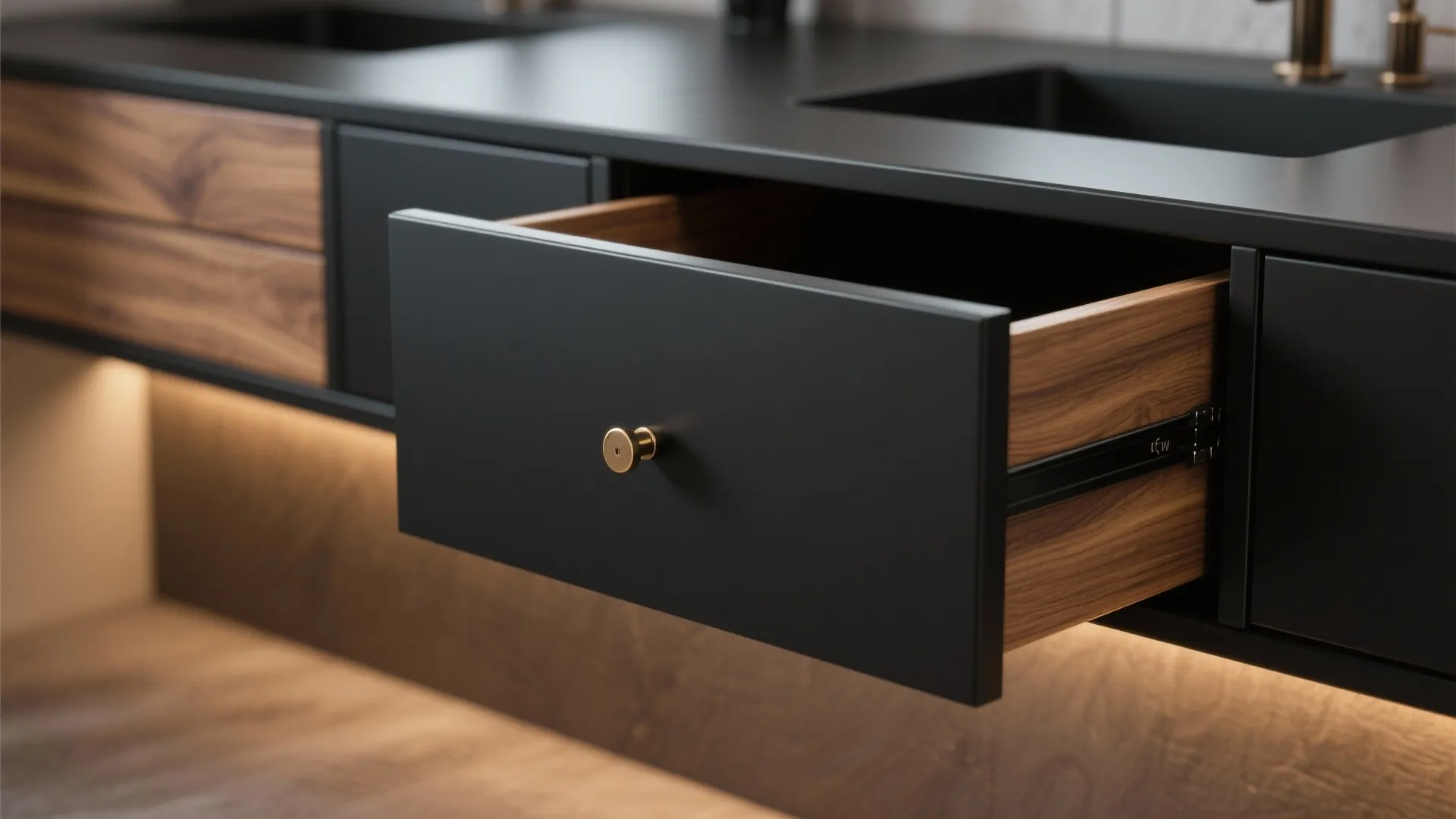 Modern black bathroom cabinet with open wooden drawer showing interior storage space and gold metal handle