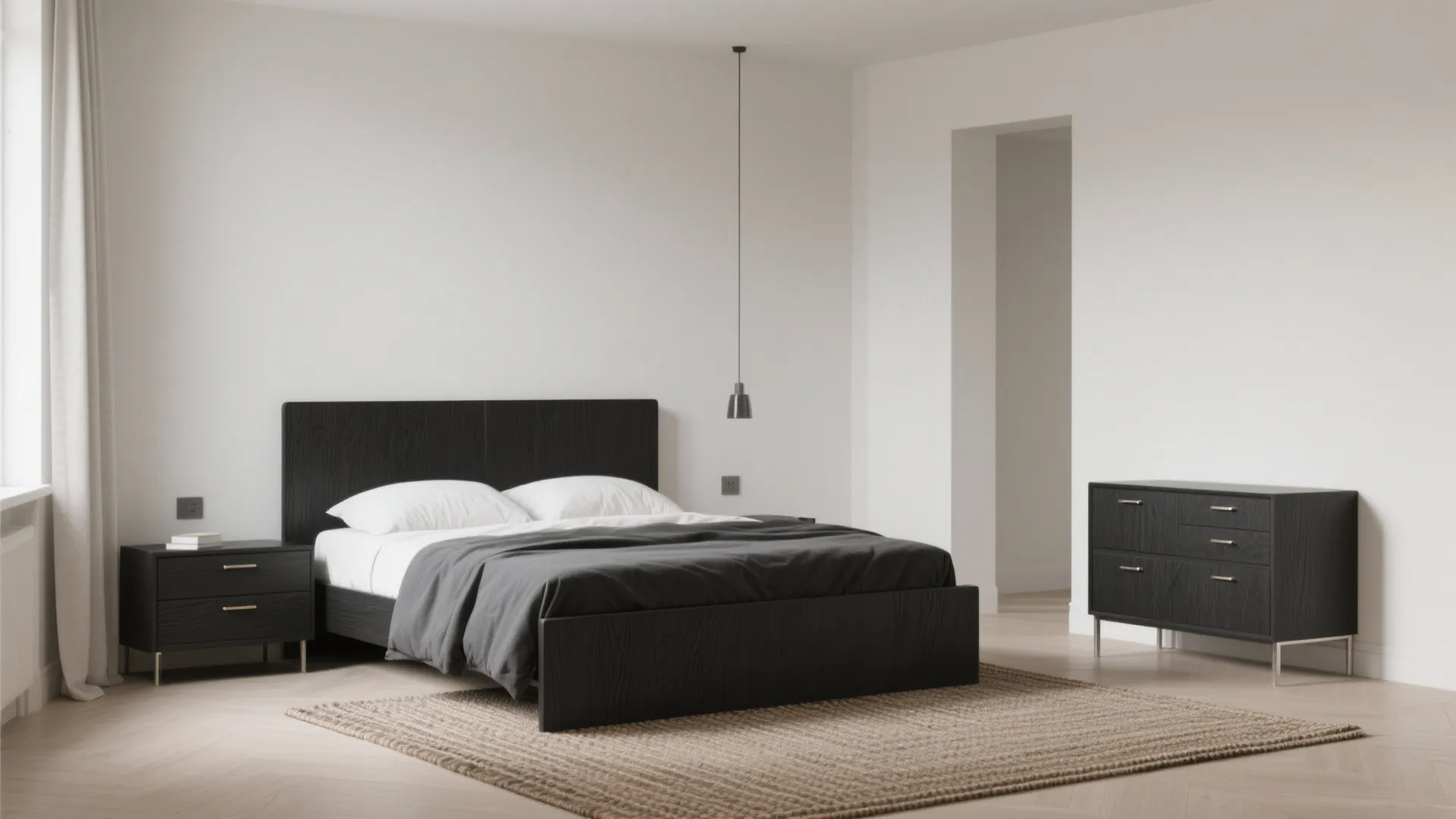 Modern bedroom featuring black wooden bed frame matching bedside table dresser rug and a light