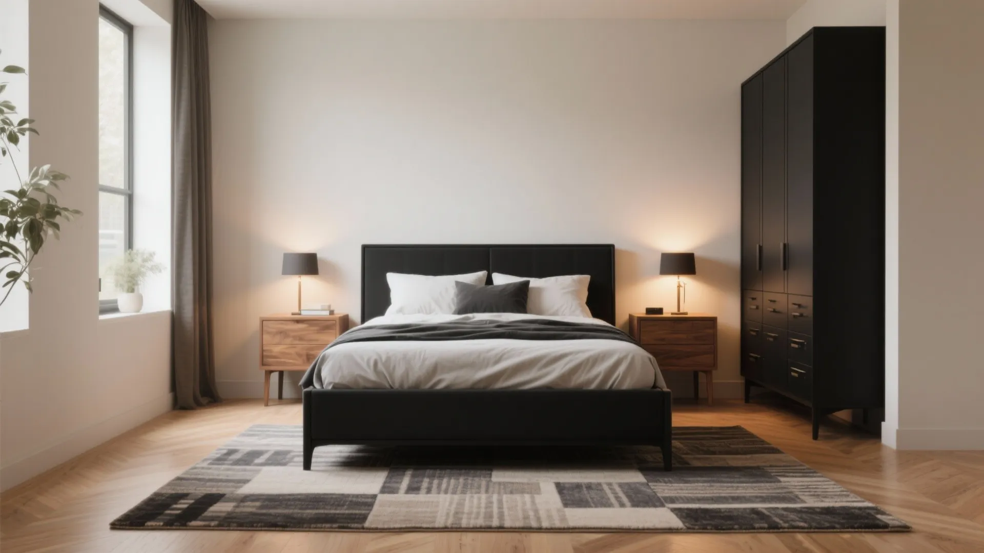 Symmetric modern bedroom design with black bed wooden side tables black cabinet and patterned floor rug