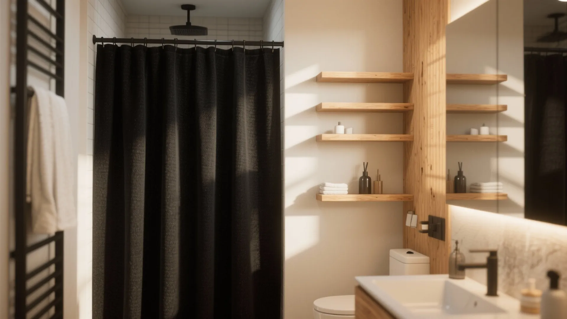 Modern bathroom featuring black curtain wooden shelves white sink toilet and a large wall mounted mirror