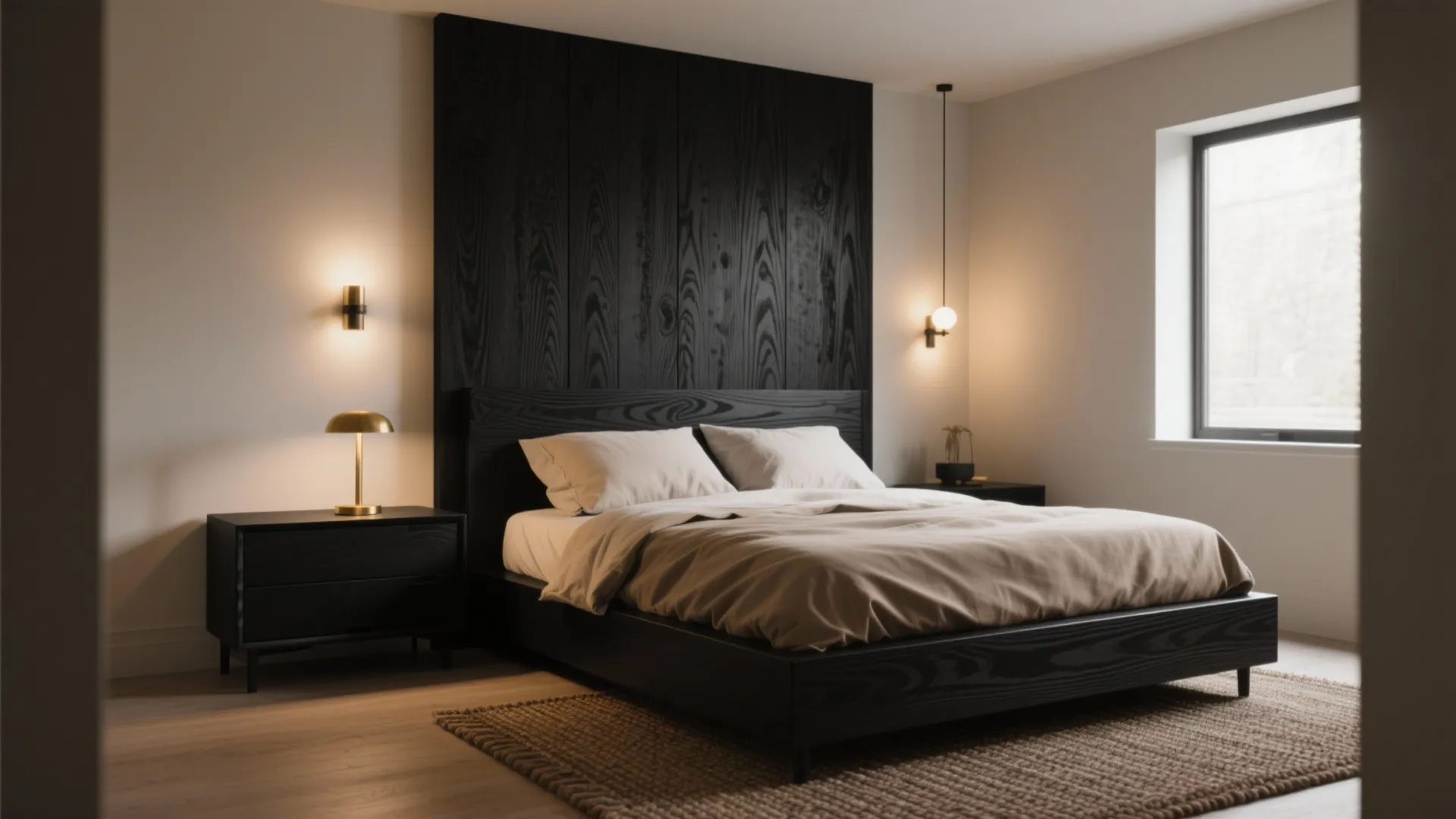 Modern bedroom with black wooden wall panel black bed frame beige bedding and warm gold lighting