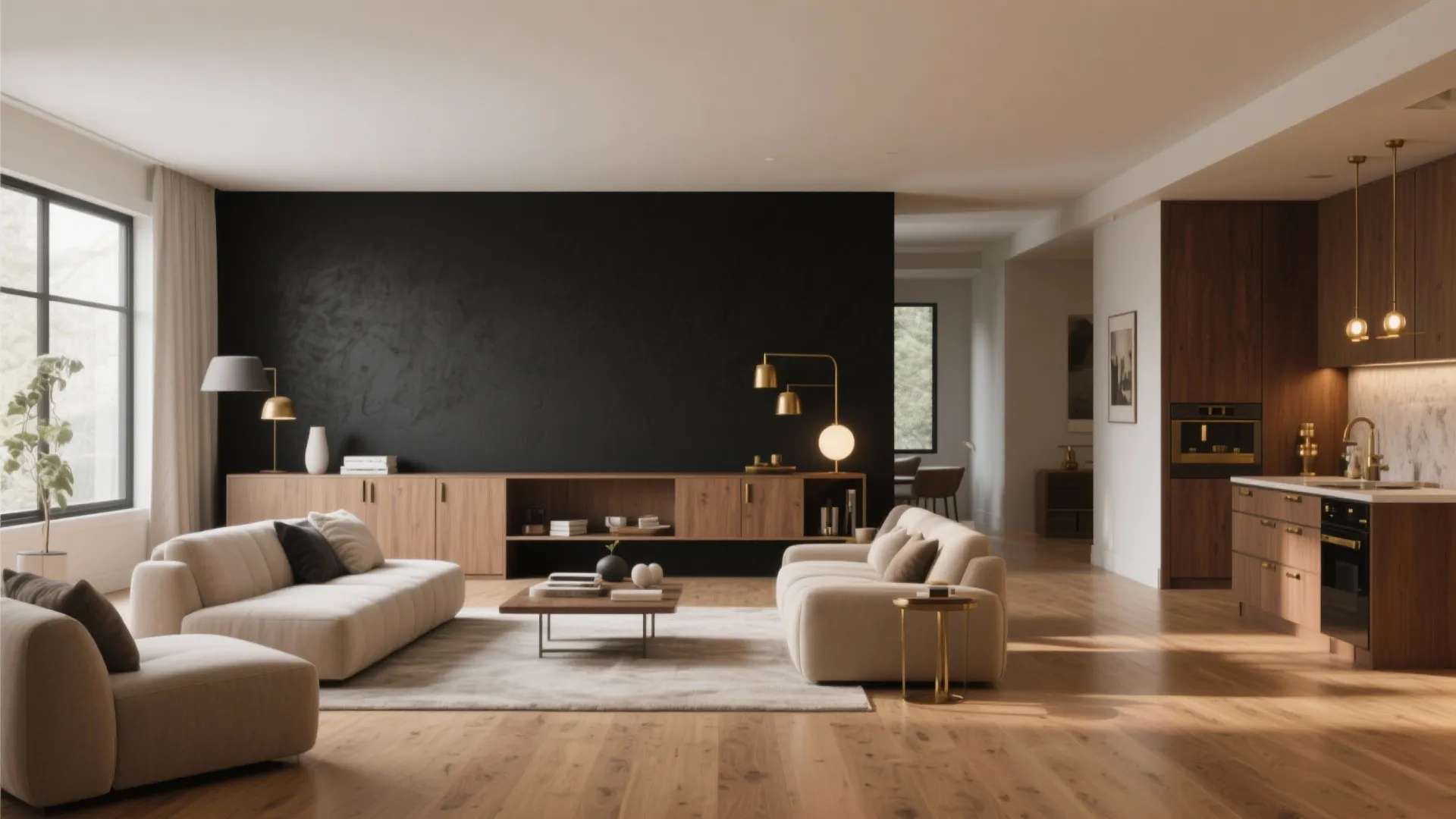 Open plan living room and kitchen featuring black accent wall, wooden cabinets, and white sofas