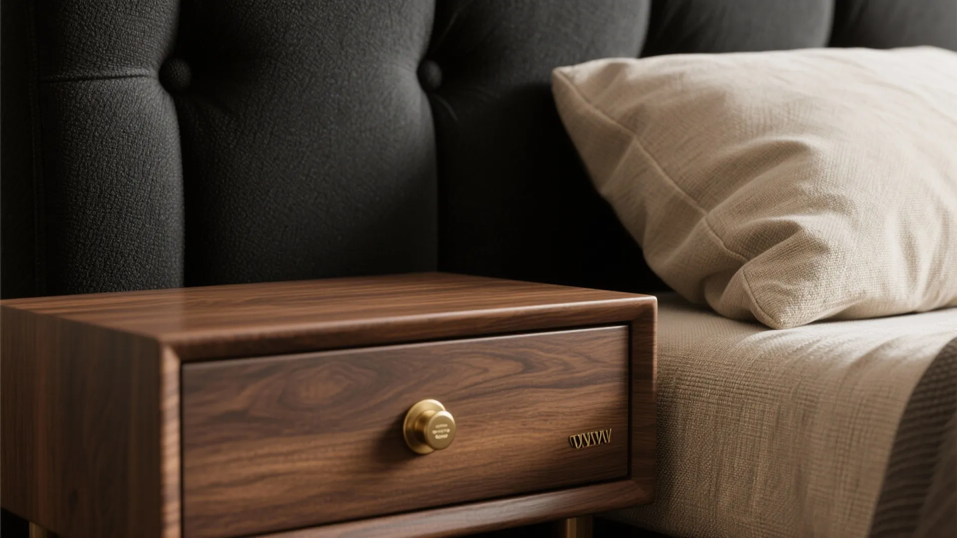 Close up of walnut wood side table with gold handle next to tufted grey headboard