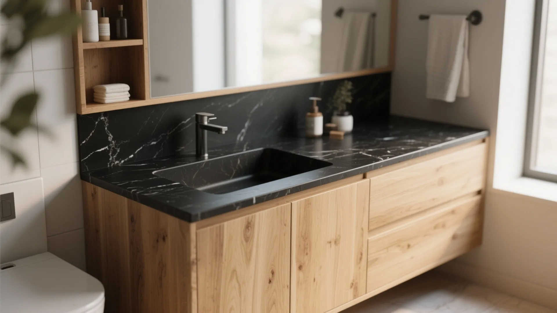 Black countertop paired with warm wood cabinetry in a Scandinavian-style bathroom.