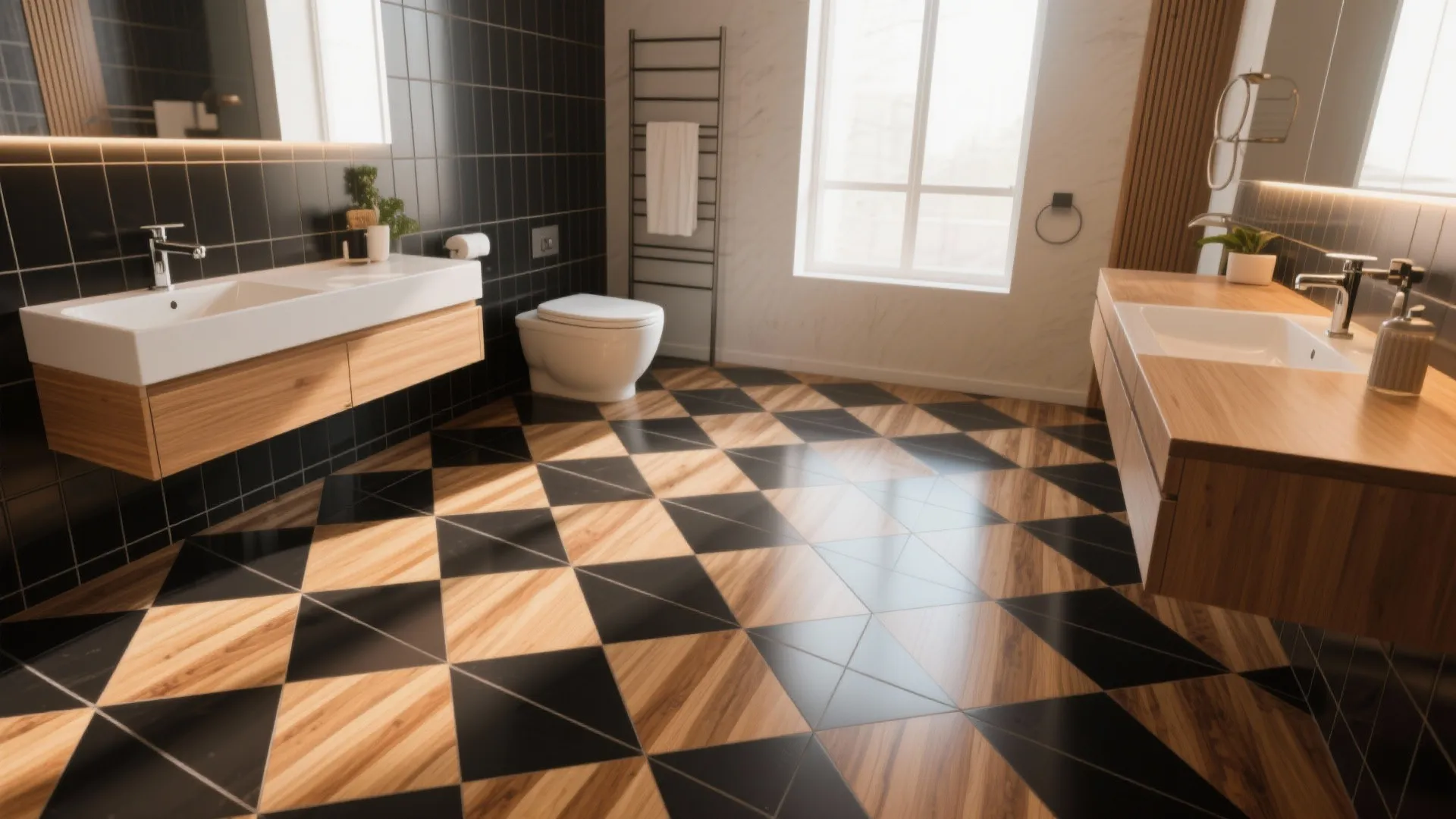 Modern bathroom featuring black and wood pattern floor tiles white sink toilet and natural light