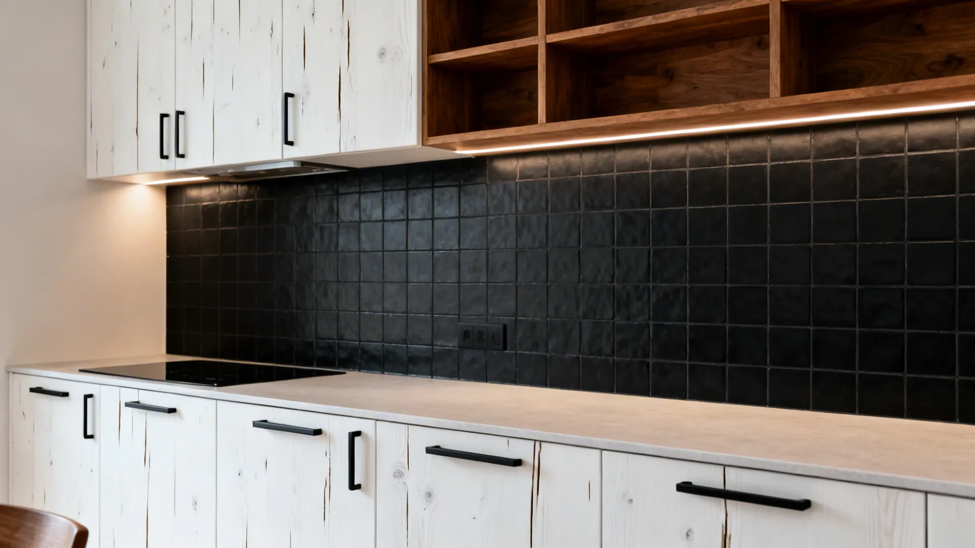 Black tile backsplash with rift-cut white oak cabinets and warm lighting.