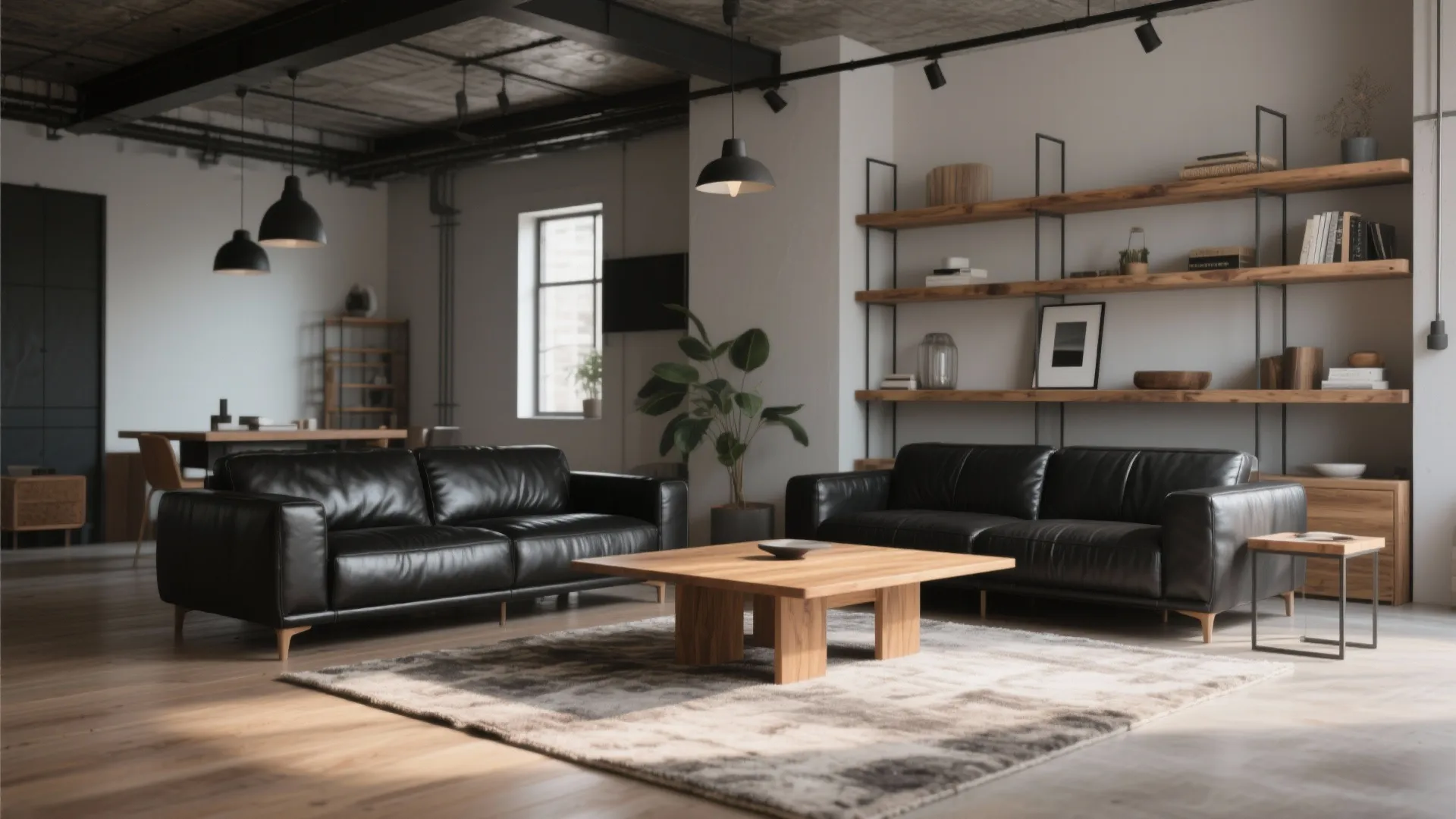 2. Black and Natural Wood Contrast