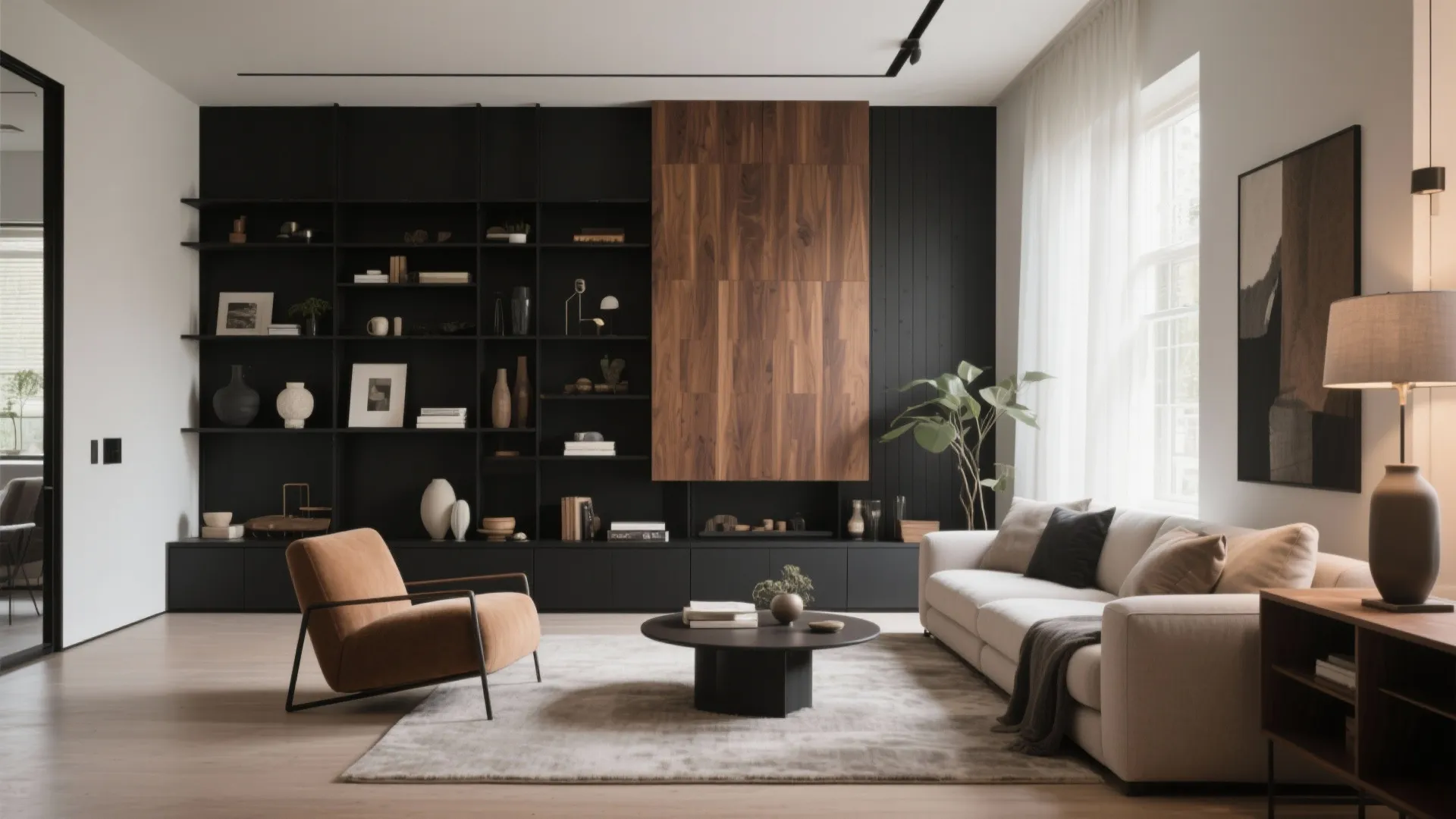 2. Black and Natural Wood Contrast
