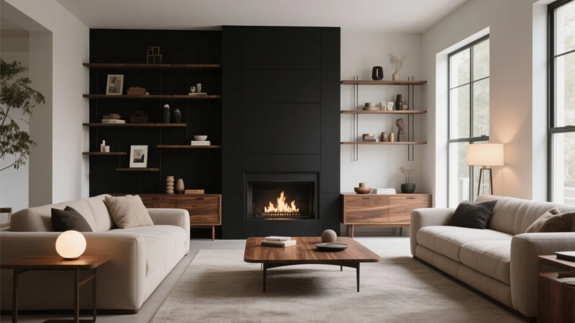 2. Matte black accents with warm wood