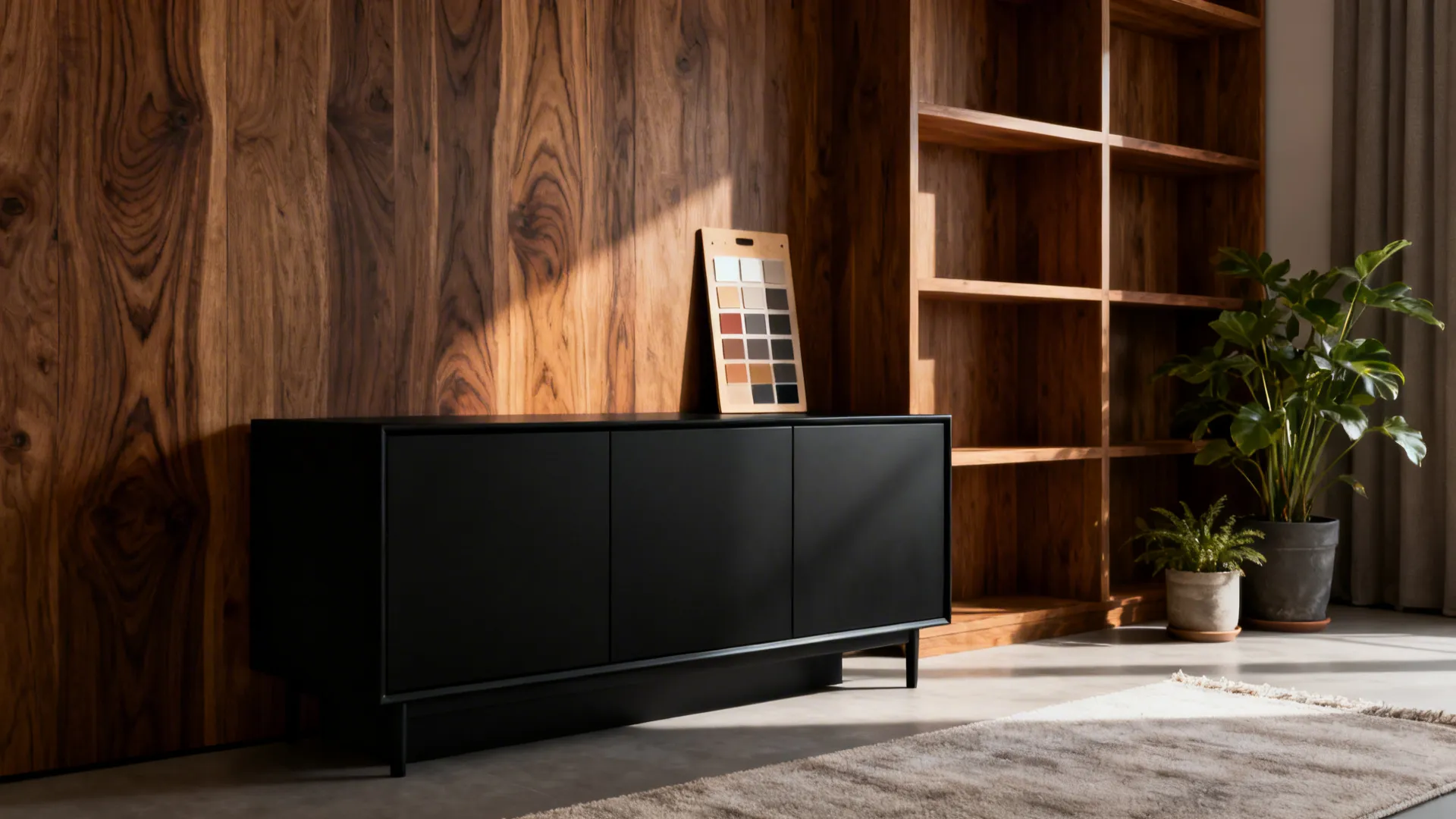 Matte black credenza next to oak shelving showing warm contrast and wood grain detail.