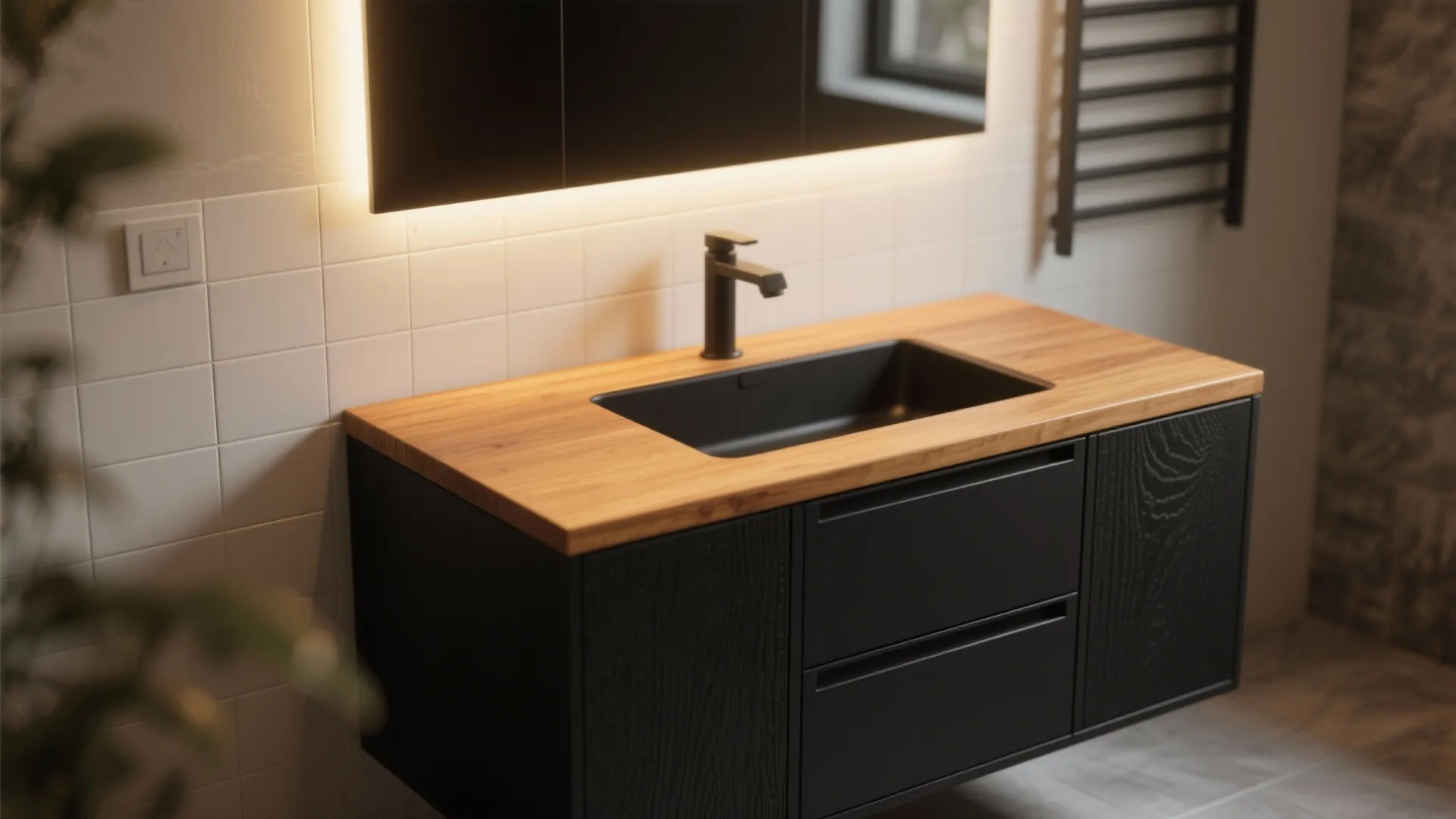 2. Matte black vanity paired with warm wood countertops
