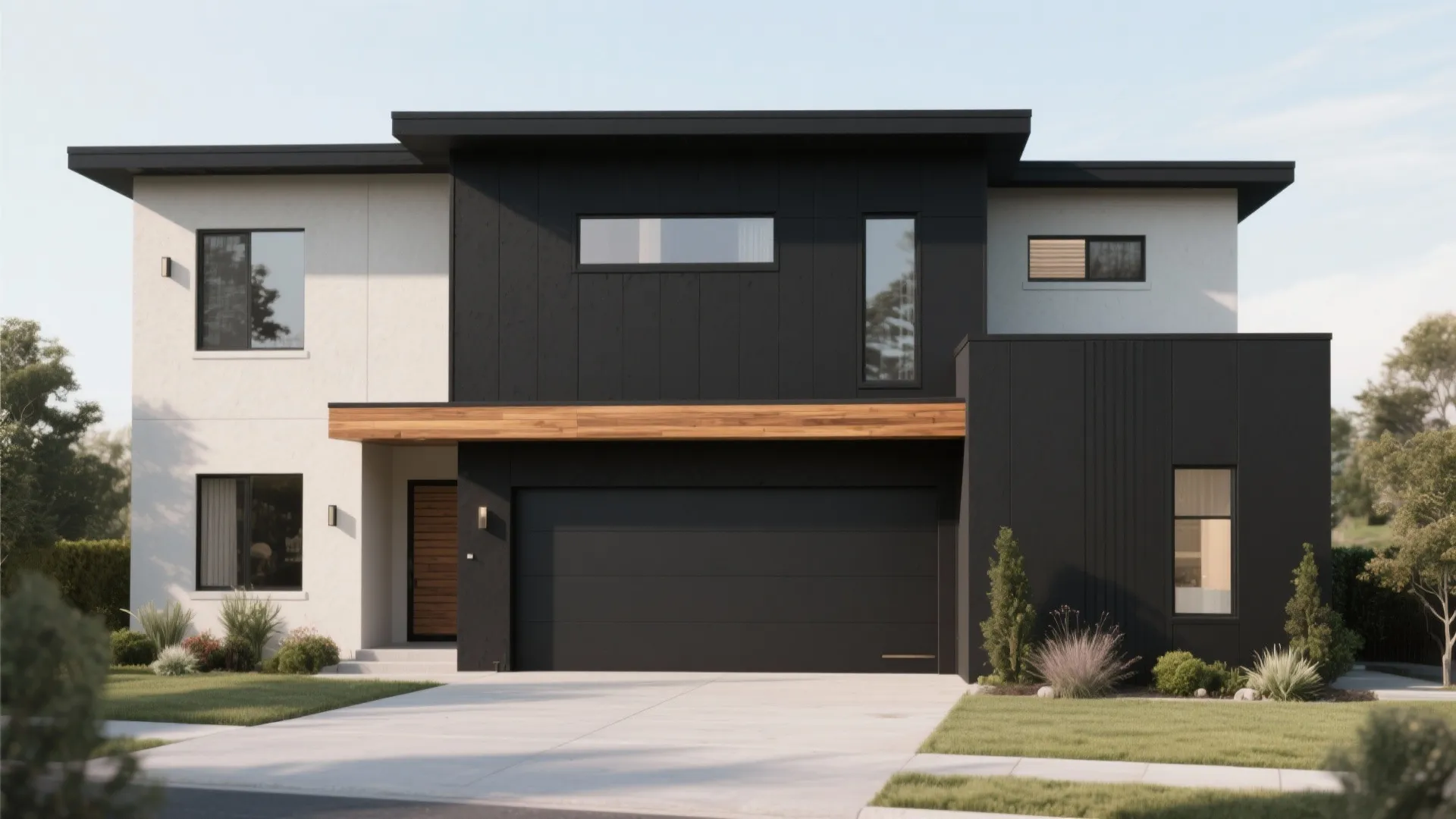 Modern house exterior with white and black walls large garage door and flat roof design style