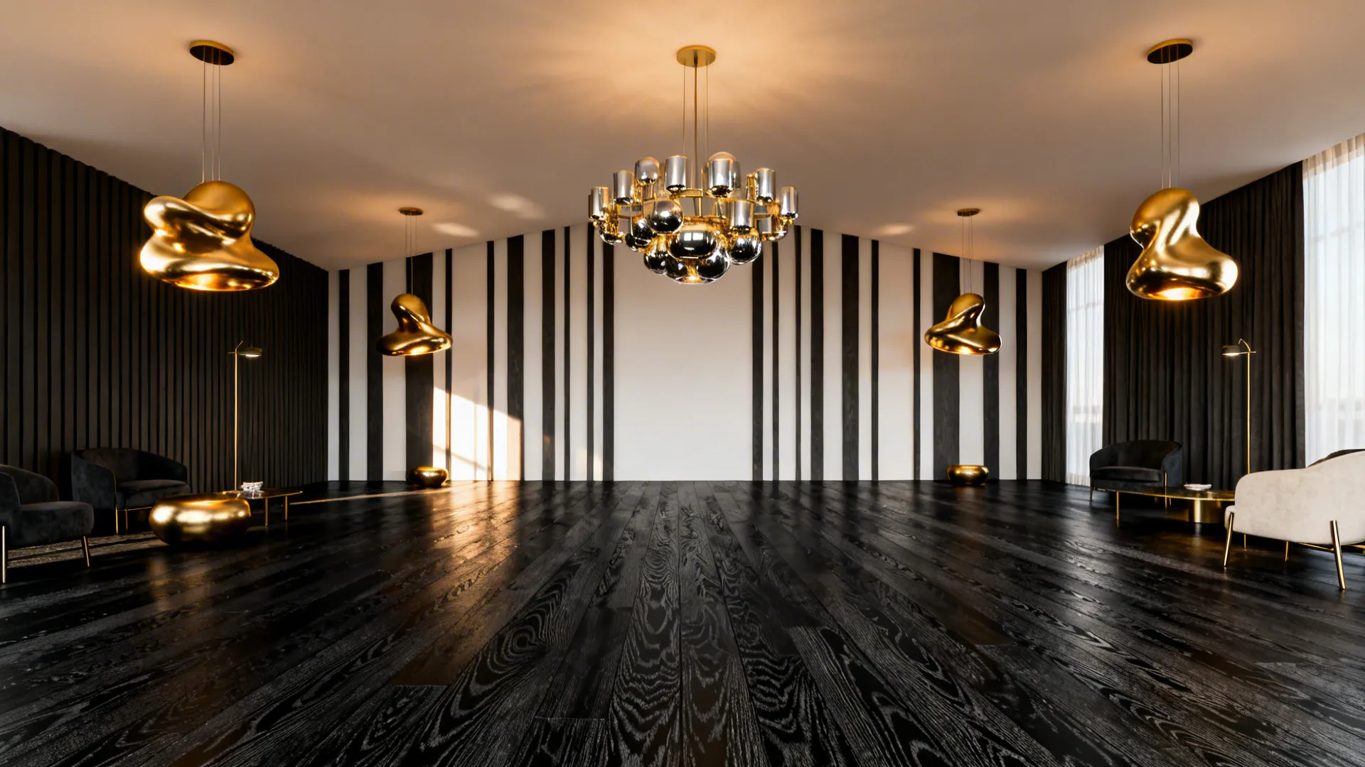 Compact living room with black wood floors and sculptural gold pendant lights.