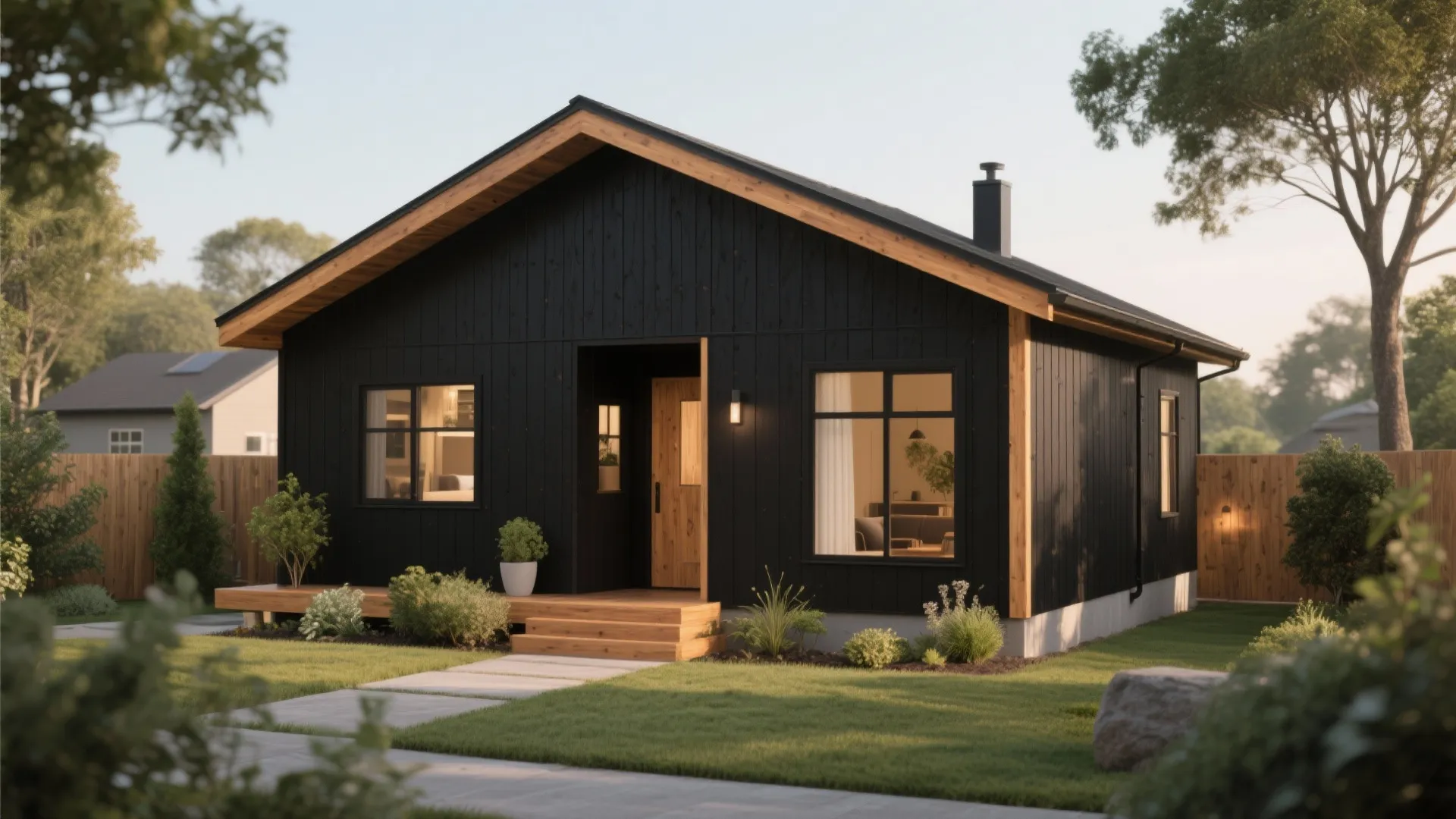 Modern black wood house design with natural wood trim large windows green grass and trees