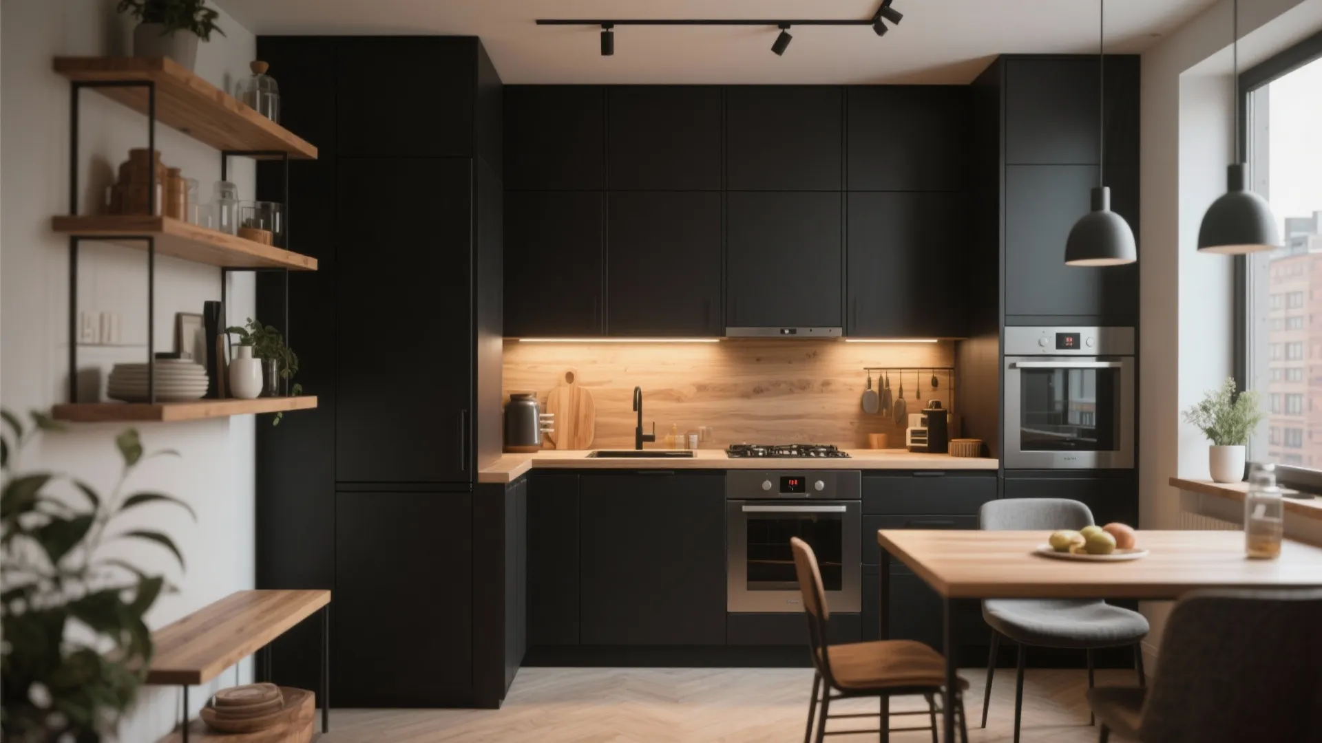 Small kitchen with black cabinets and natural wood shelves