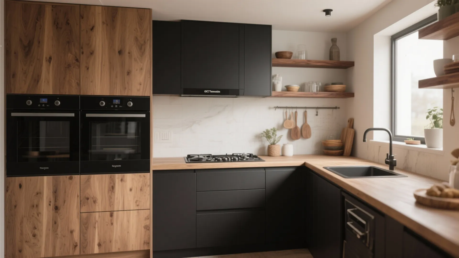 Modern kitchen layout with black bottom cabinets wood countertops and wooden wall storage and oven