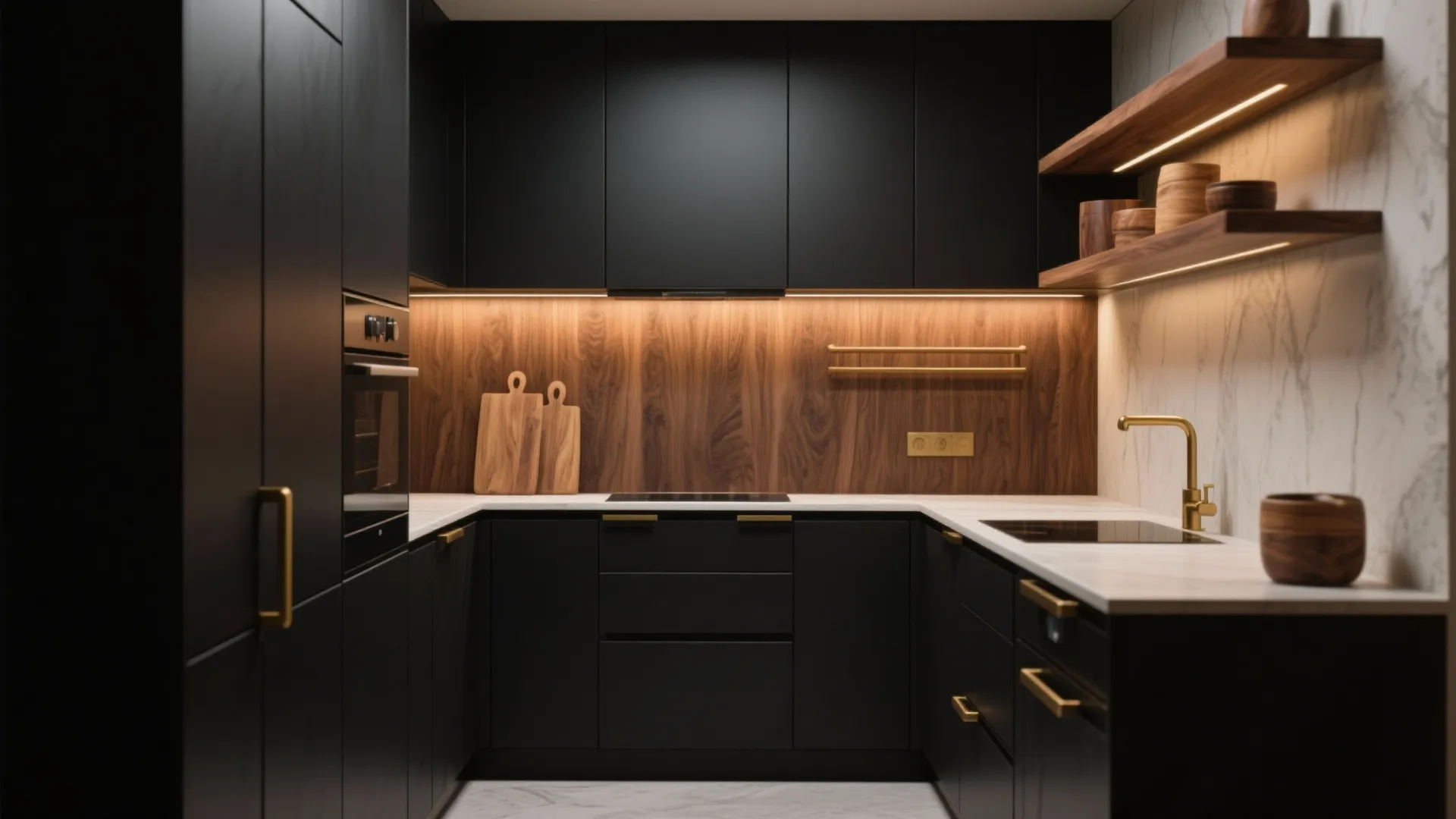 1. Matte black cabinets + warm wood accents