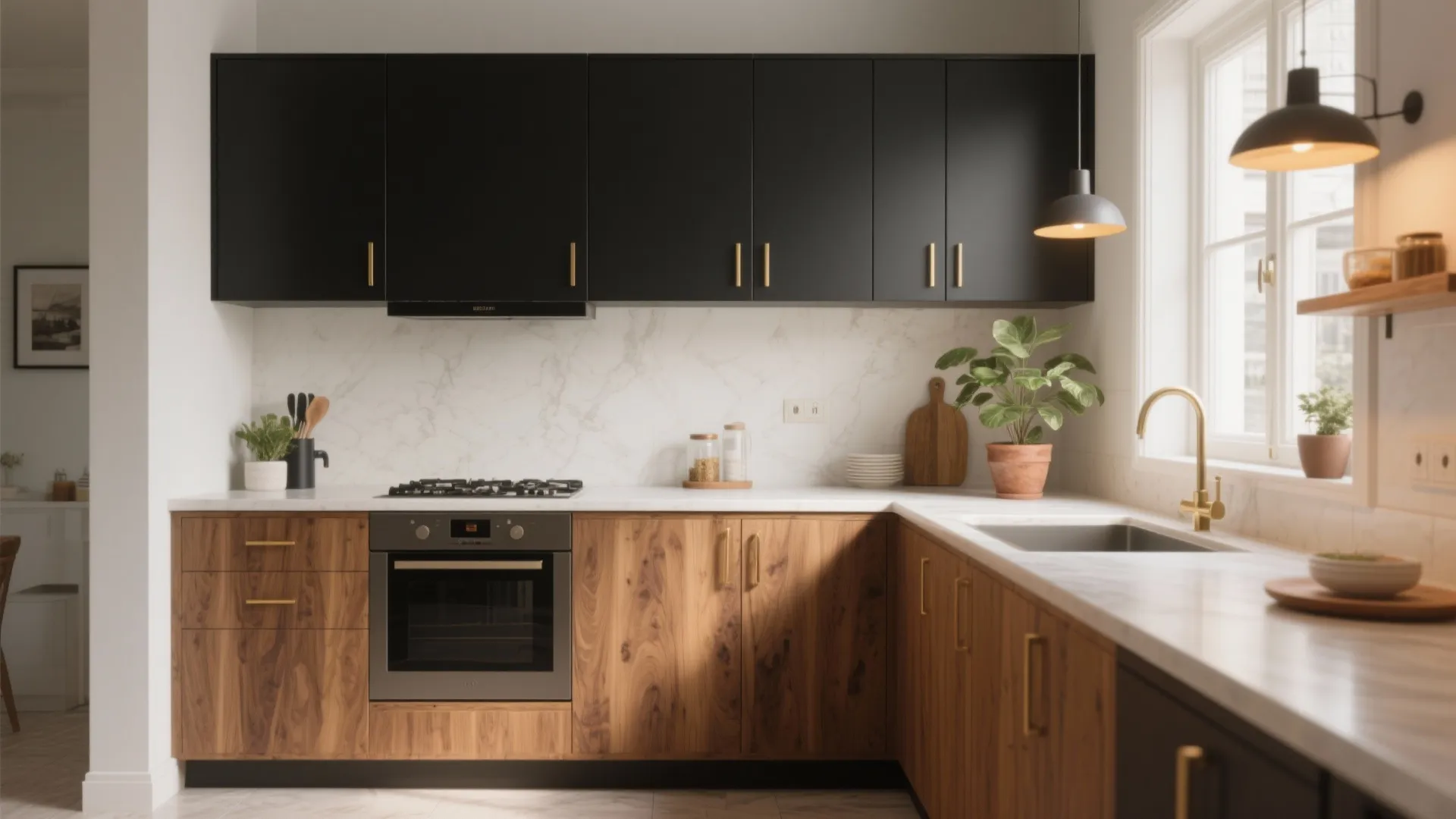 Modern kitchen with black upper cabinets wood lower cabinets marble countertop oven sink and natural light