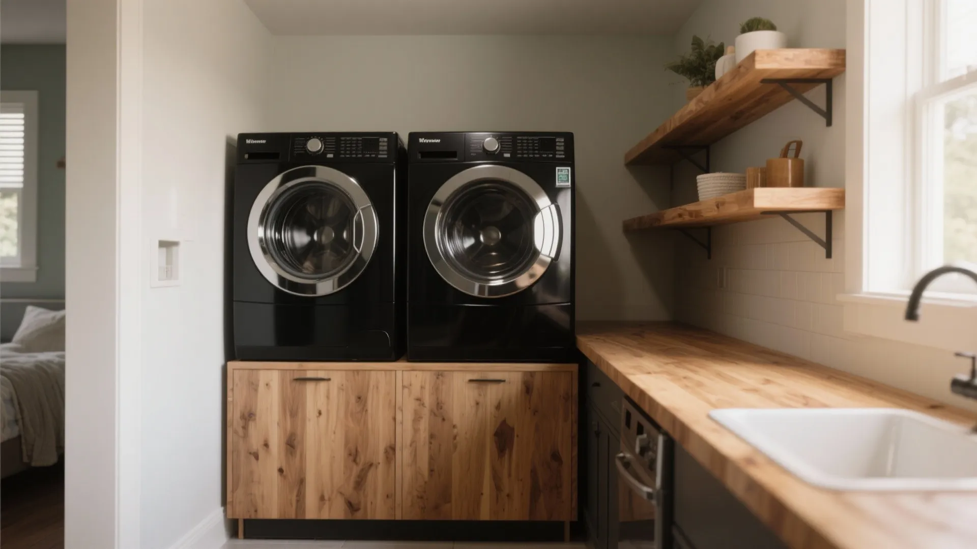 Modern laundry area with black machines on wood cabinets, wooden countertops, sink, and open wall shelves