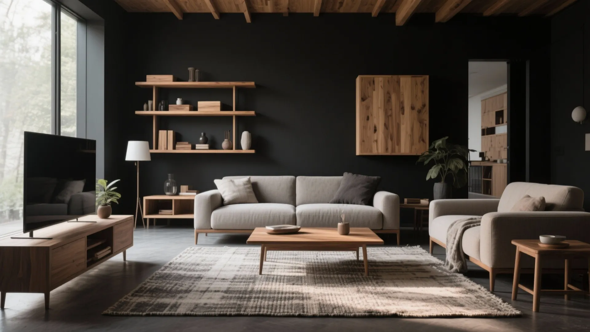 4. Black with Natural Wood Elements
