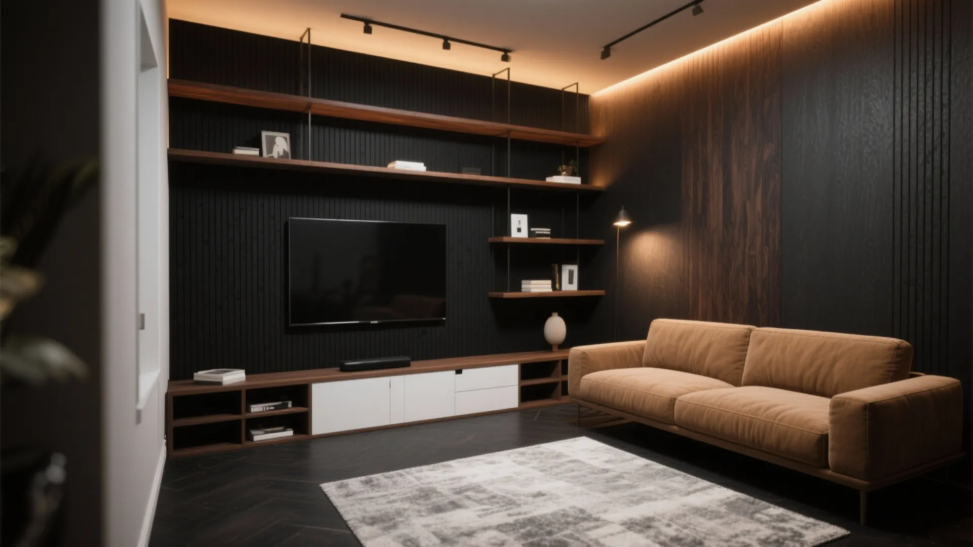 4) Black-and-wood contrast in compact living rooms