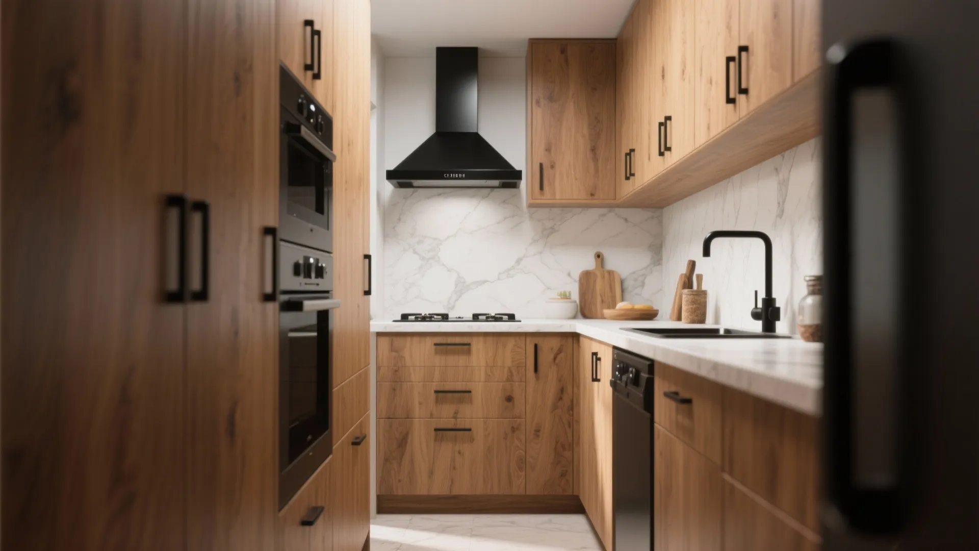 4. Mixed finishes: black handles with warm wood or marble