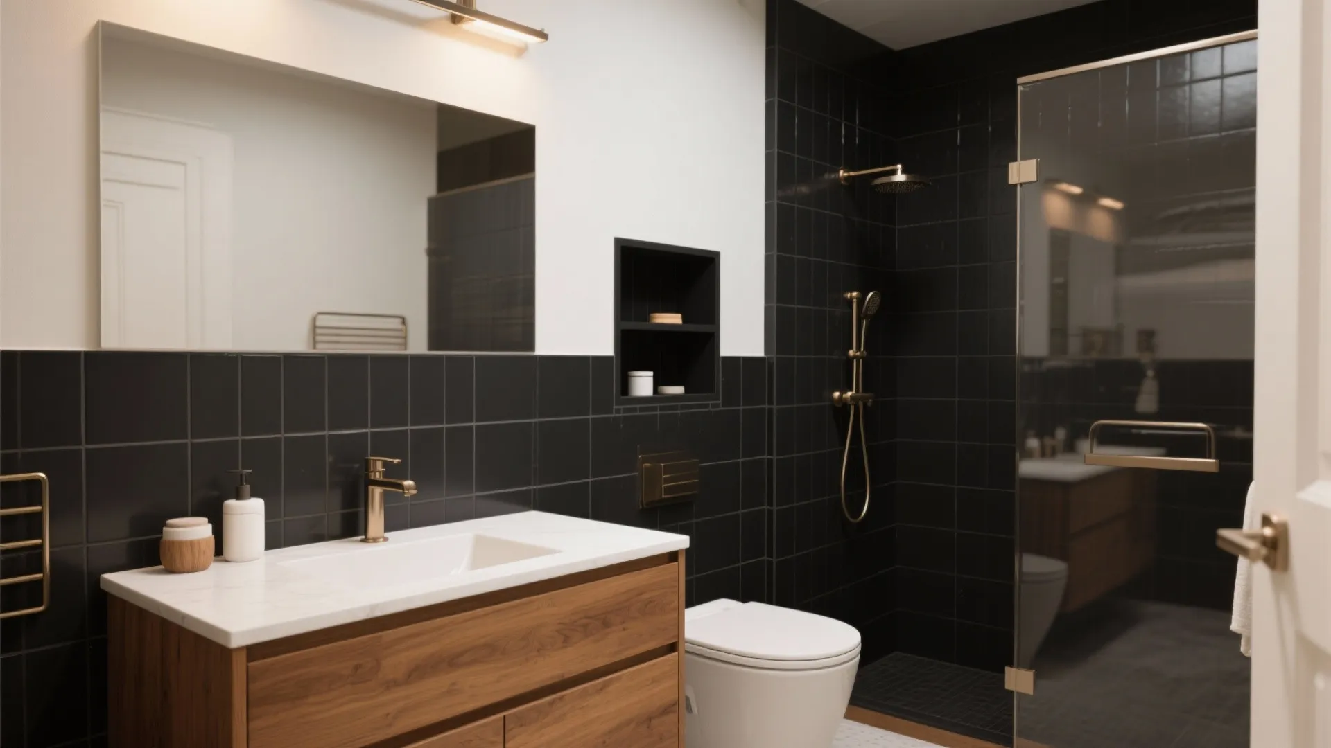 Modern bathroom with black wall tiles wooden cabinet white sink gold faucet toilet glass shower