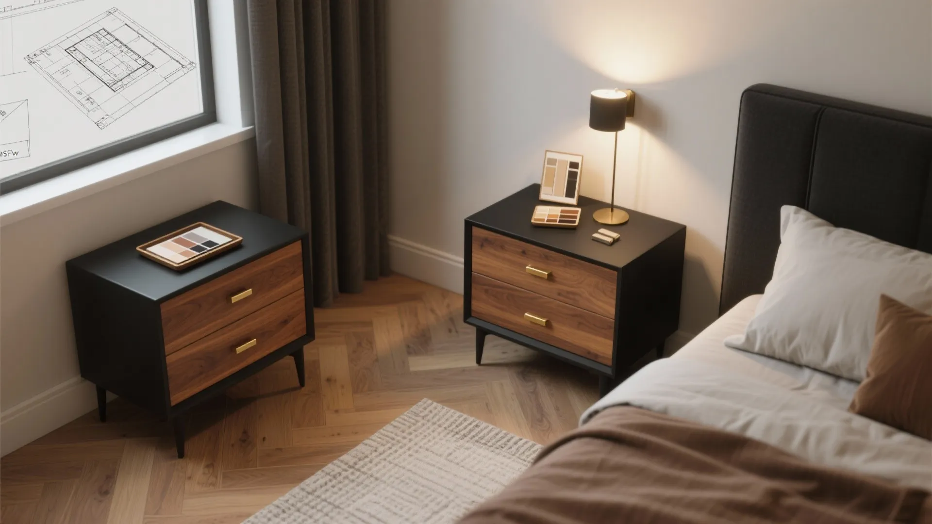 2. Black and Wood Mixed Nightstands