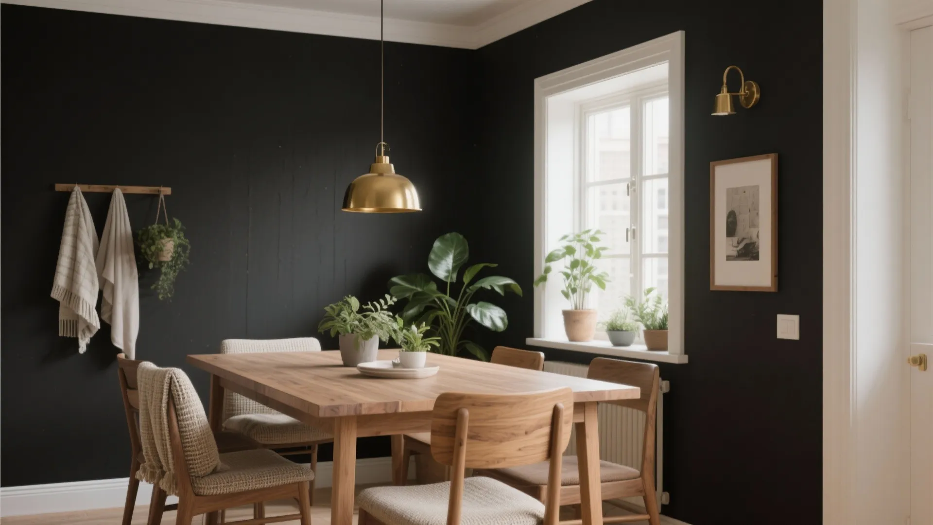 Dining room with black walls wooden table gold ceiling light white window and green potted plants