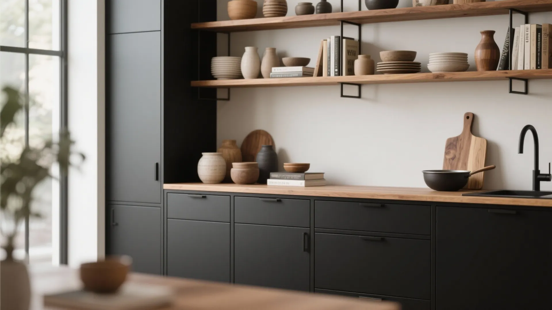 Matte black cabinets with warm oak open shelves displaying ceramics and books