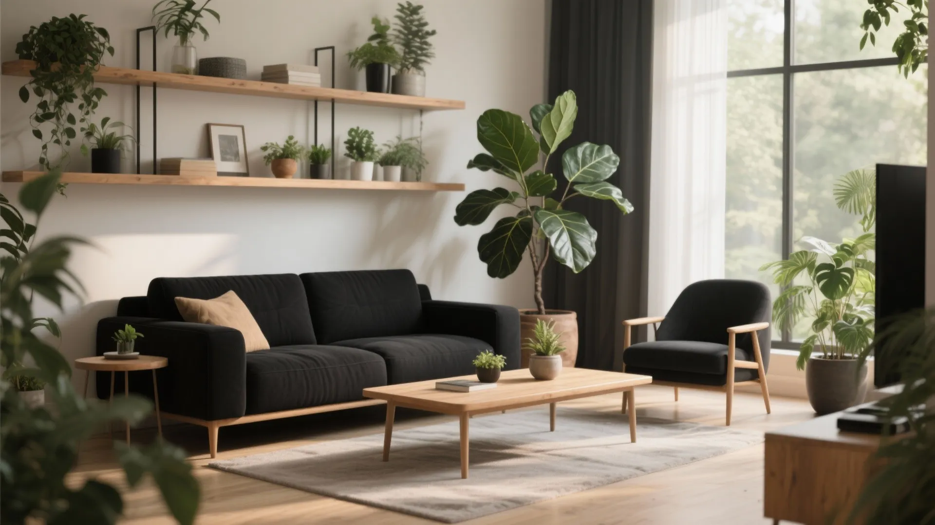 5. Black living room set with natural wood and plants
