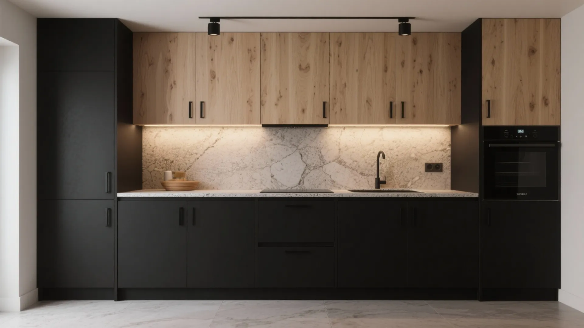 5. Black Base + Light Wood Upper — Bold & Scandinavian