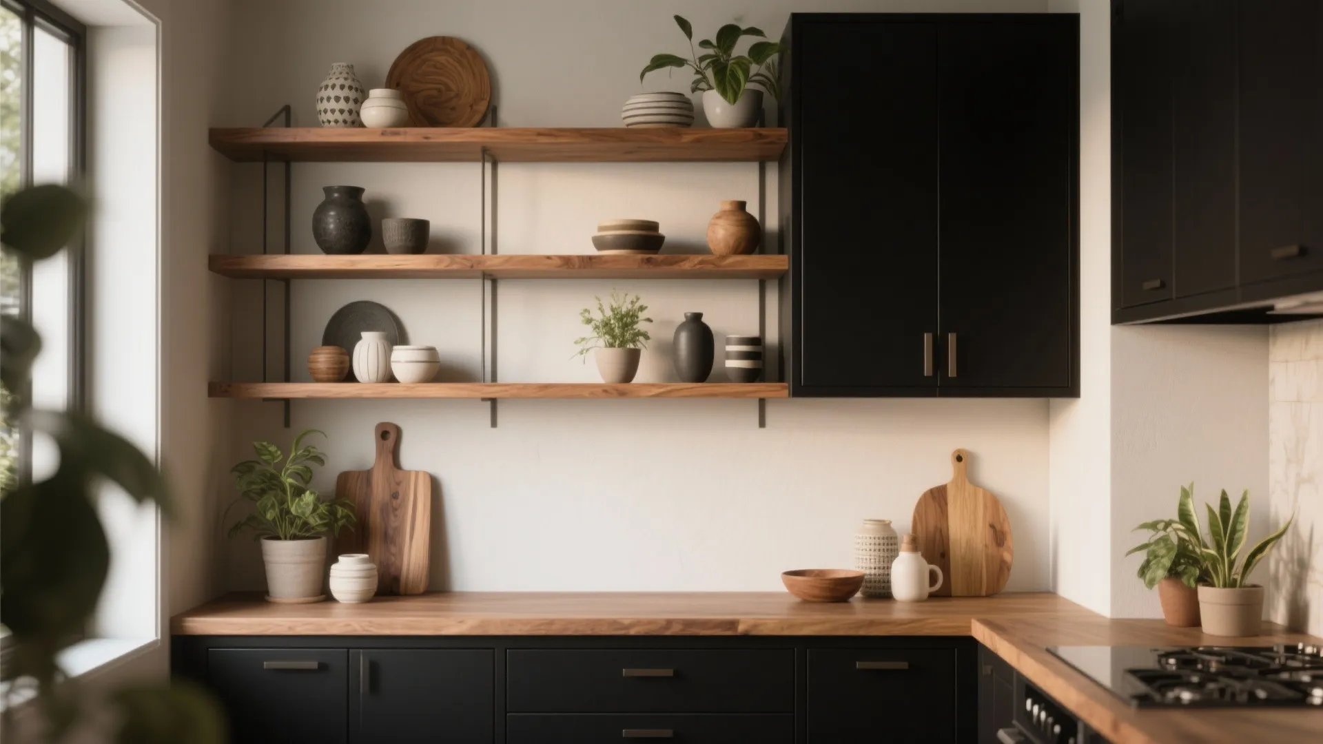 1. Contrast with warm wood open shelving