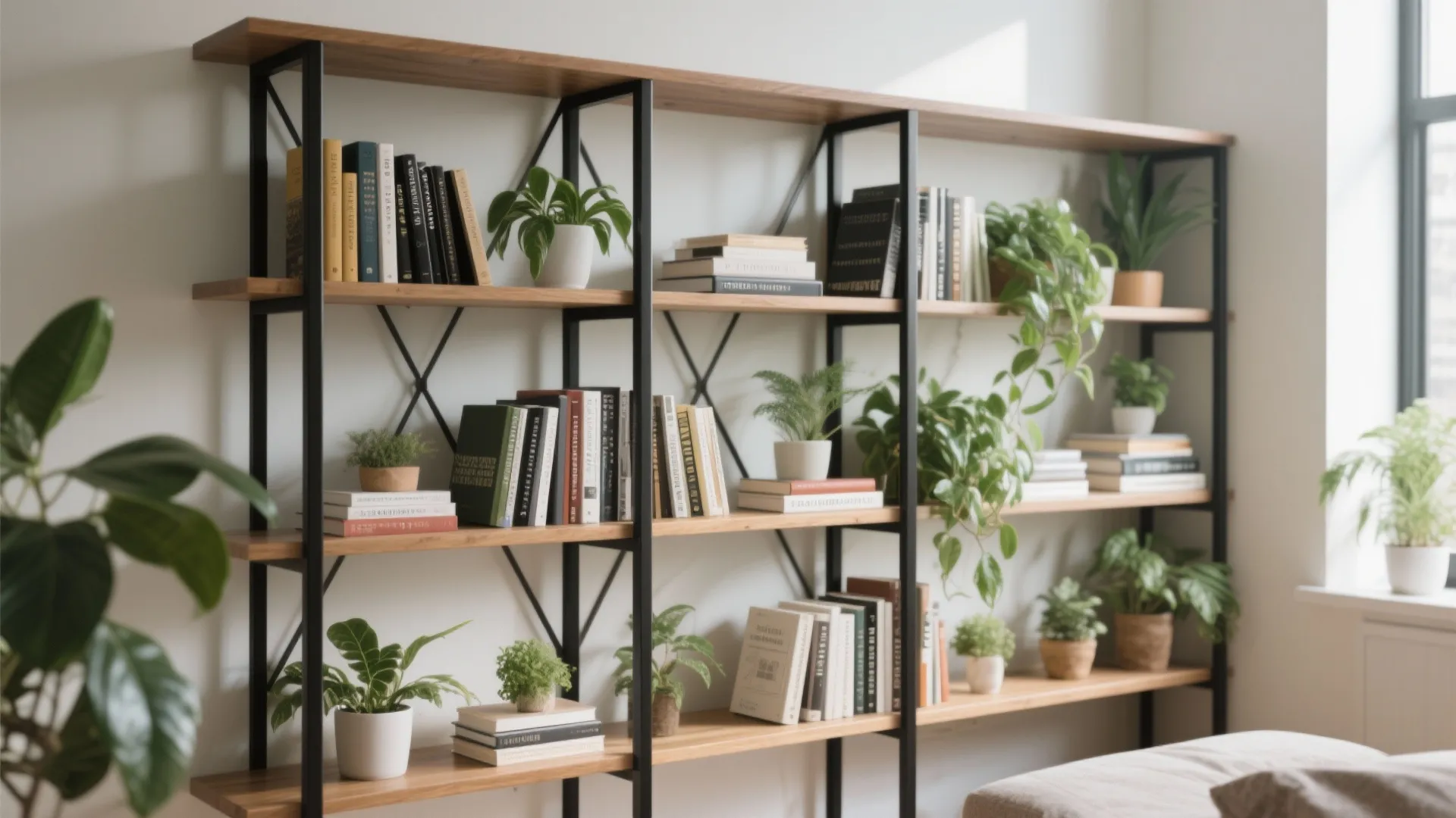 6. Black Metal and Wood Open Shelving