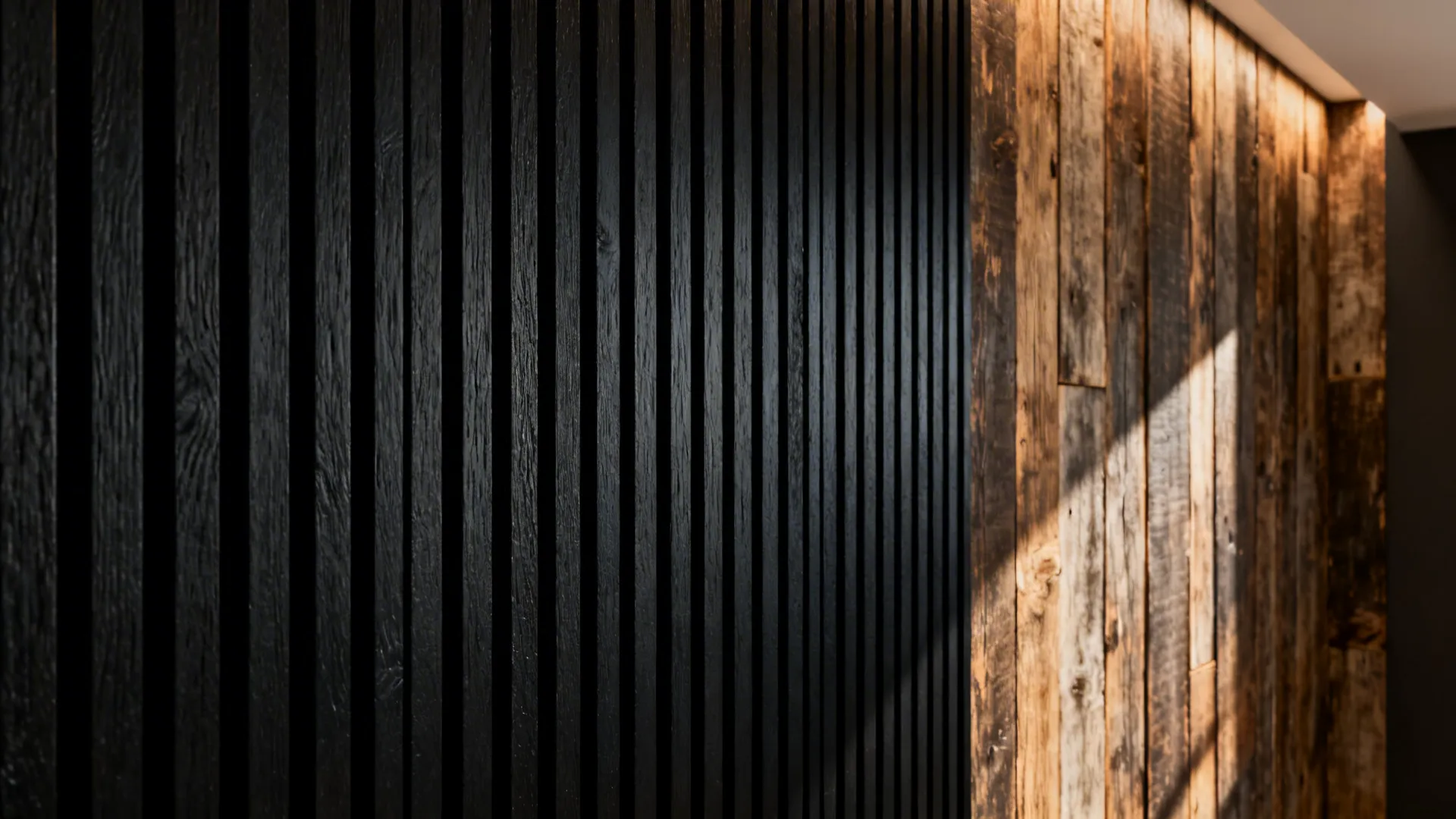 Textured black wood slats creating shadow play and warmth on an accent wall