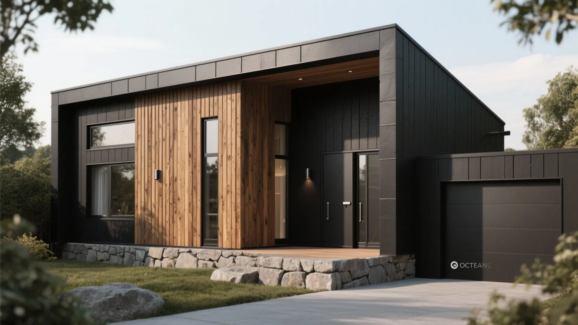Modern house with black metal walls and light wood panel front next to stone base foundation