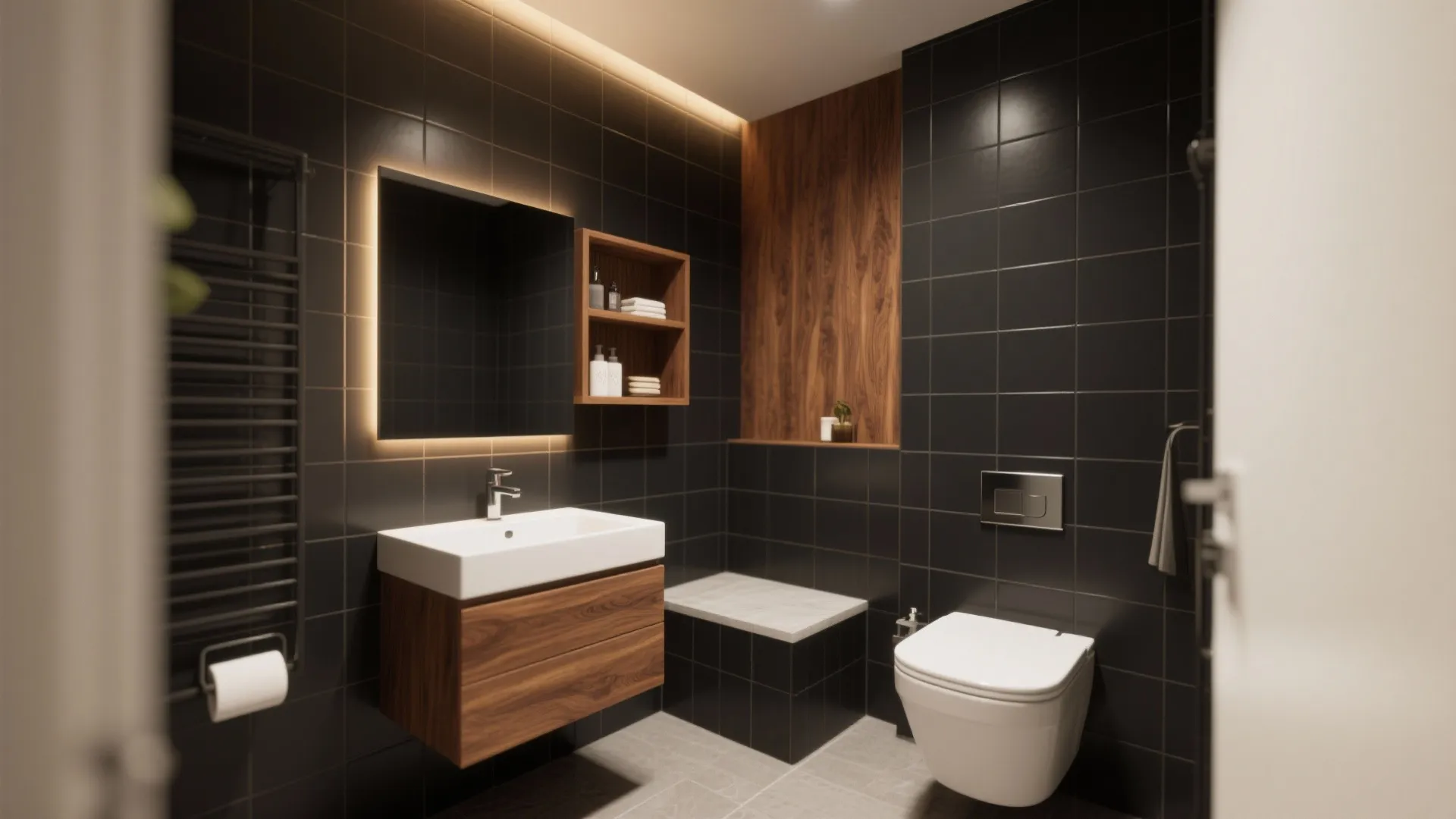 Modern bathroom with black wall tiles wood cabinet white sink toilet and warm strip lighting