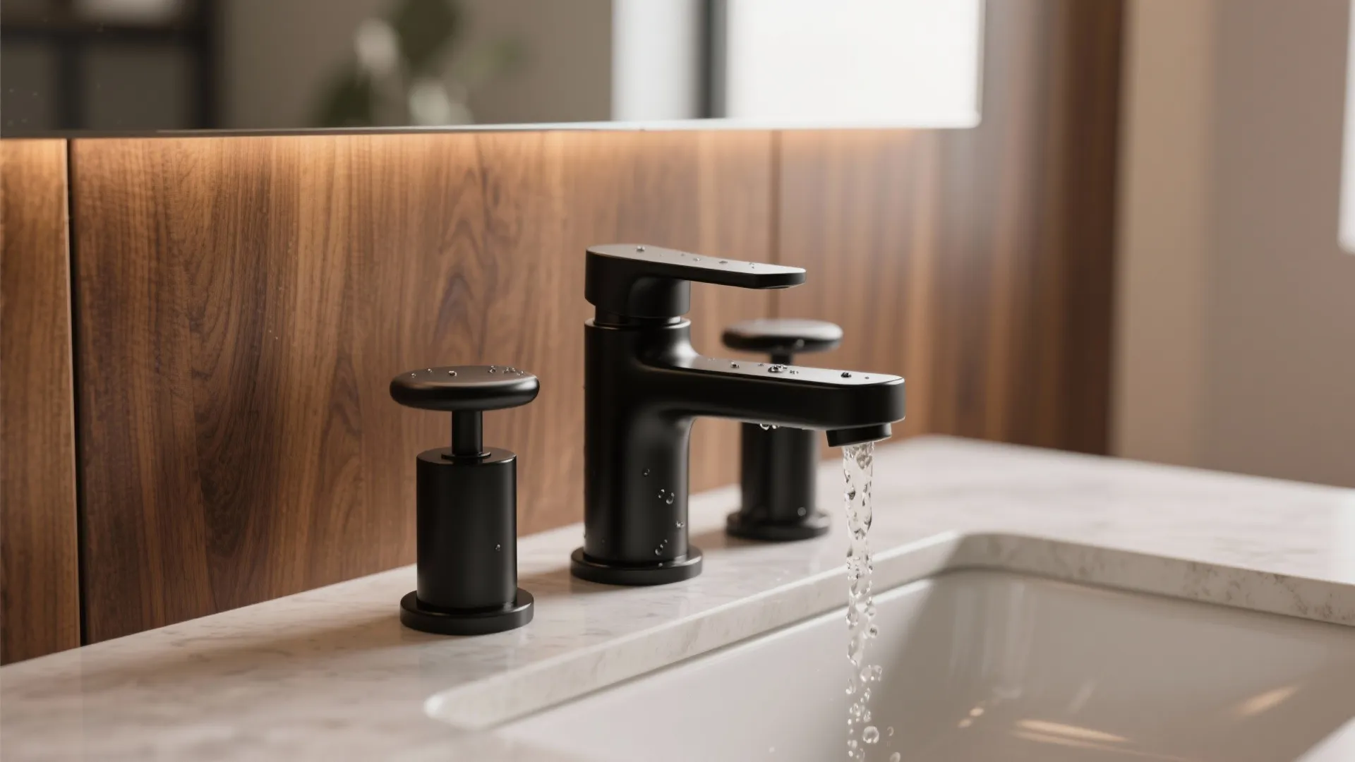 Modern bathroom with white sink, black tap on wood counter, mirror, plant, and wooden window