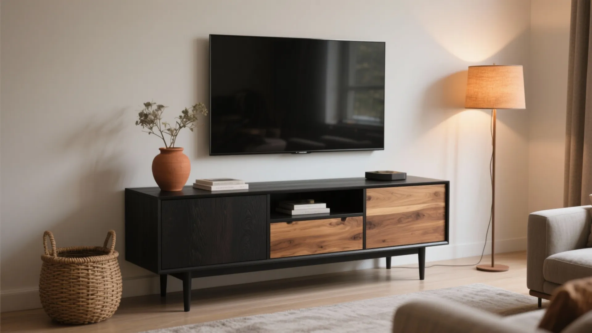 Black wood media unit paired with warm oak accents, terracotta pot and woven basket in a cozy living area.