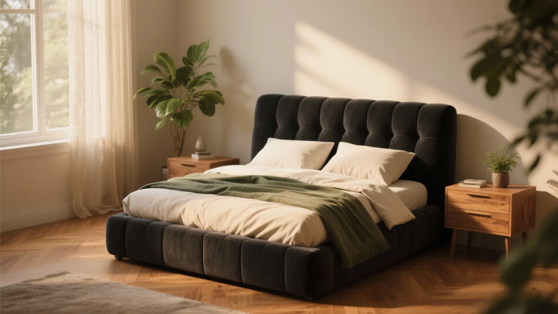 3. Black bed + wooden accents for warmth