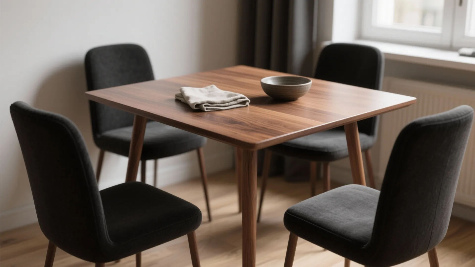 1. Pair black fabric chairs with warm wood tones