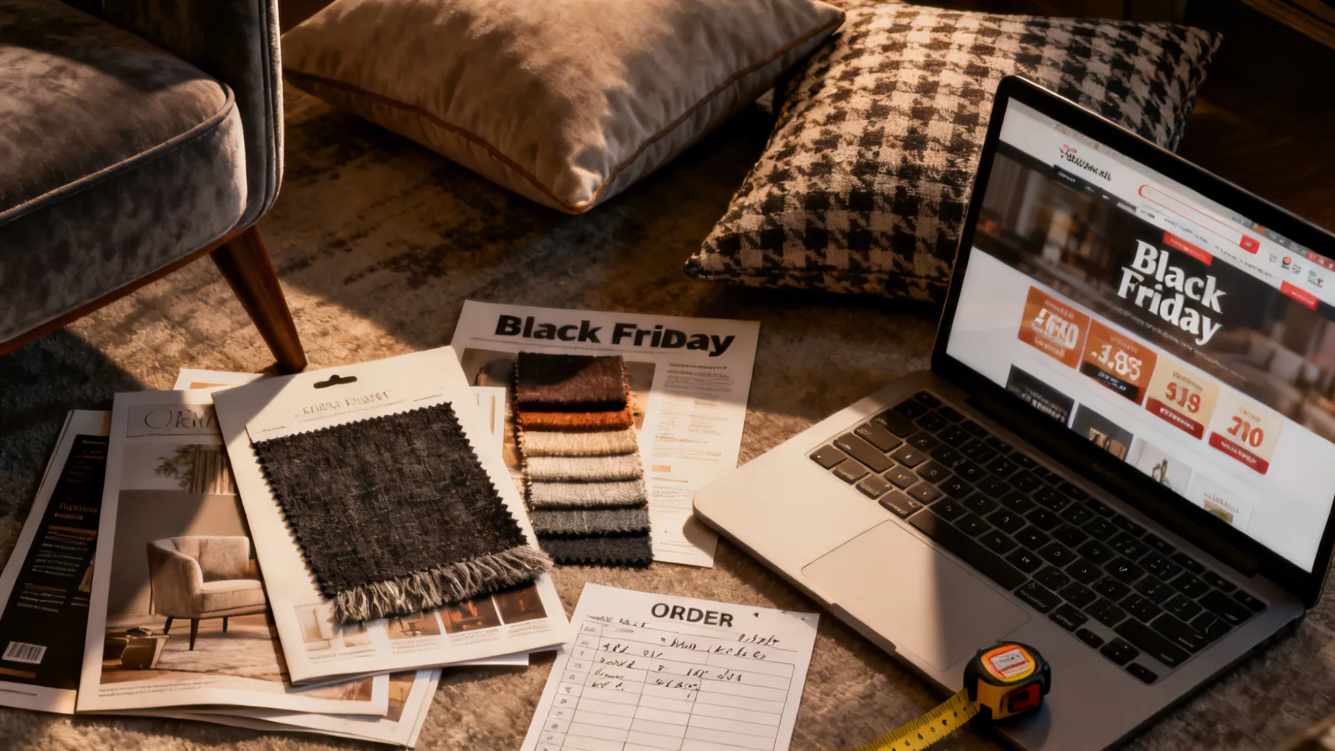Flatlay of fabric swatches, catalog, and measuring tape for Black Friday furniture planning