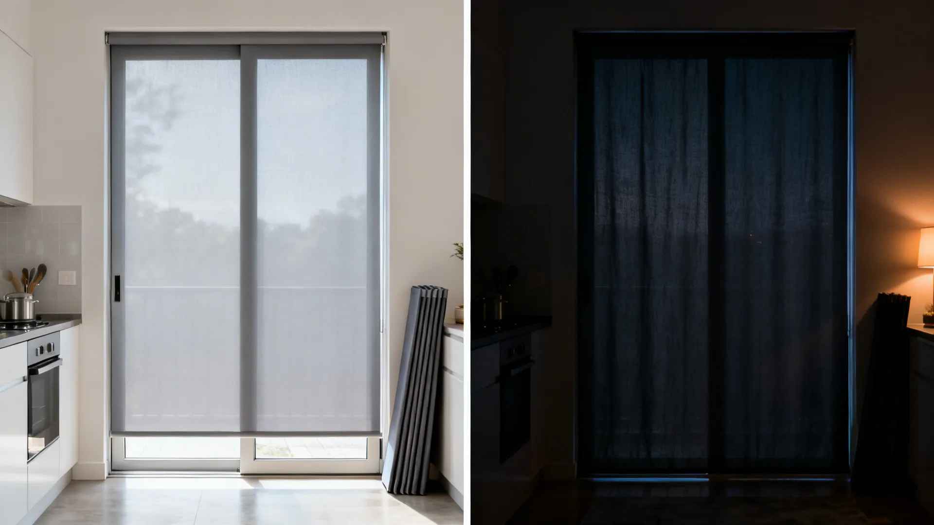 Before-after view showing blackout panel stacked open by day and fully closed at night.