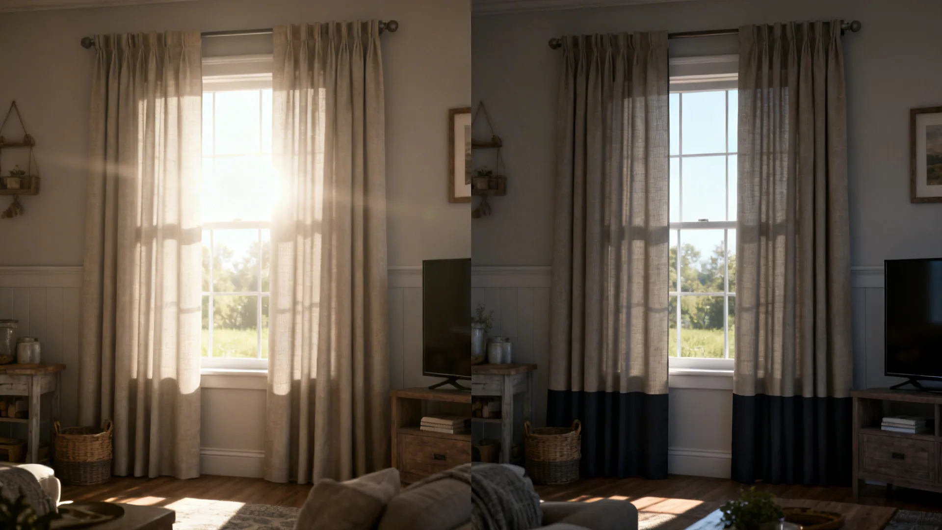 Before-and-after of a living room showing blackout cotton curtains with contrast hem reducing glare for media use.