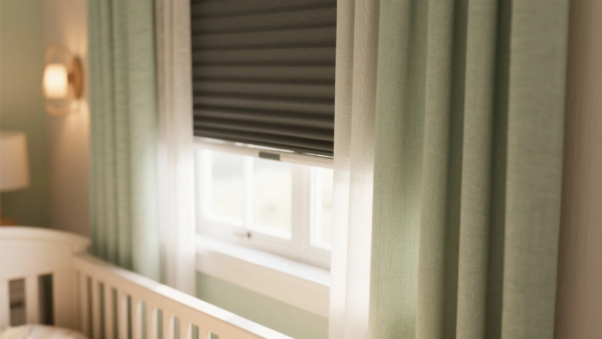 Macro of cordless blackout shade layered with airy sage curtains under warm dimmable light.