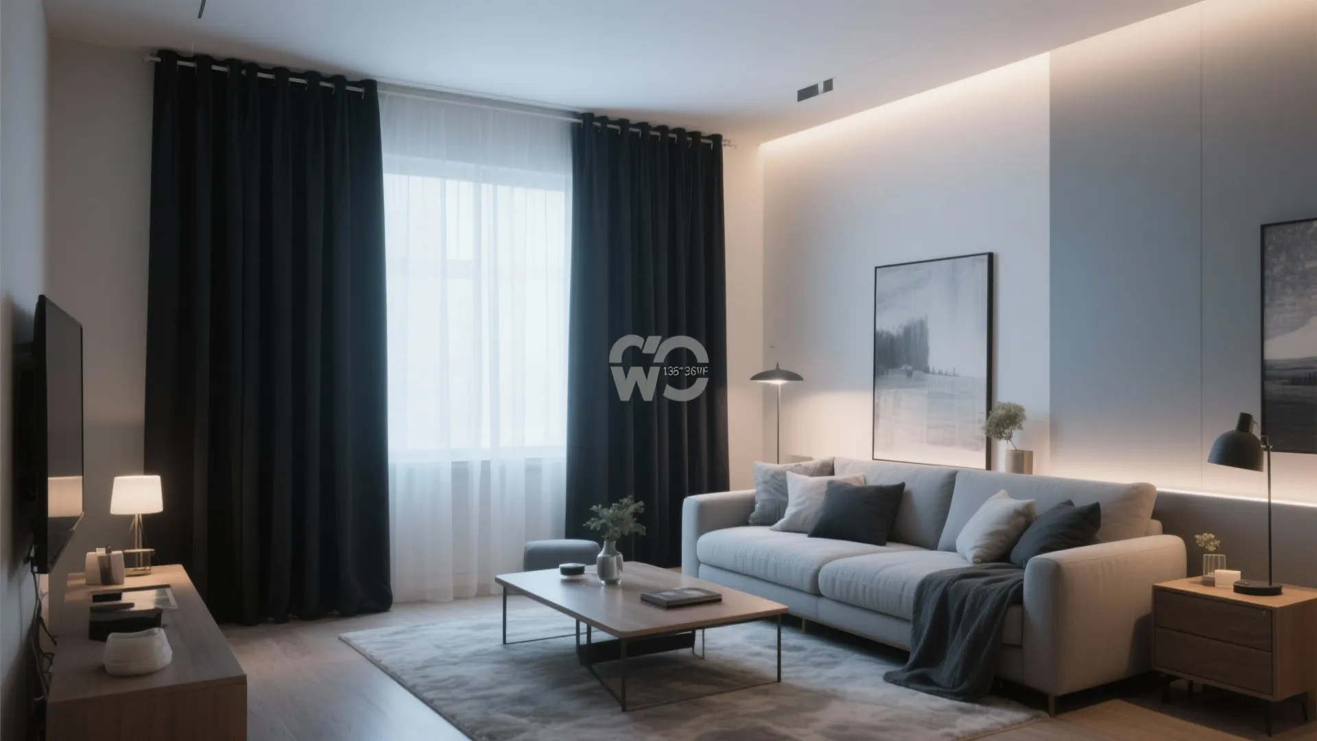 Modern living room with long black curtains covering windows beside a grey sofa and coffee table
