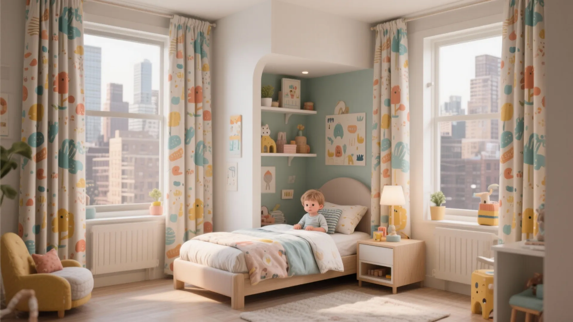 Toddler bedroom with fun printed blackout curtains