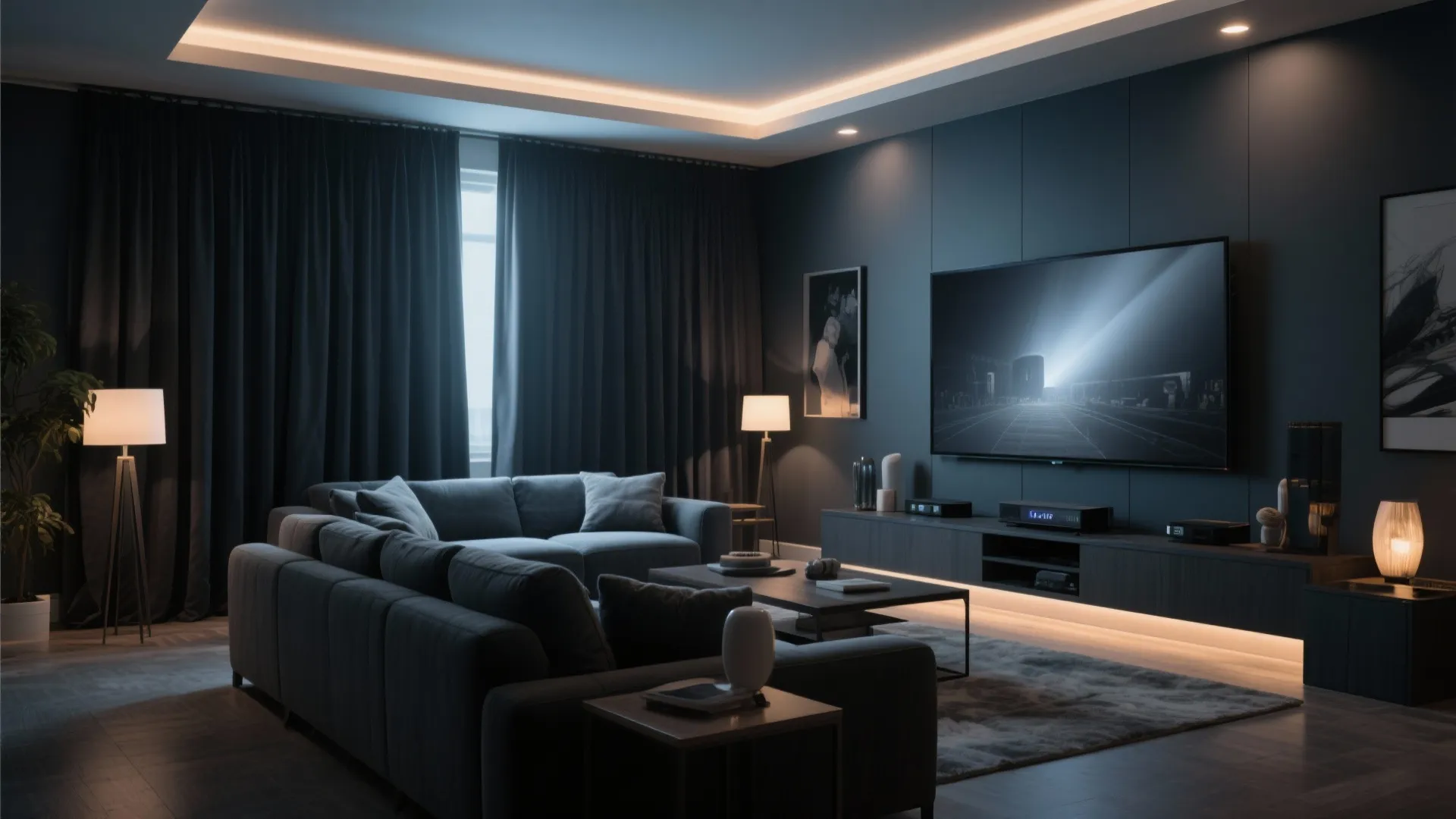 Modern dark living room with grey sofa large television screen and dark fabric blackout curtains