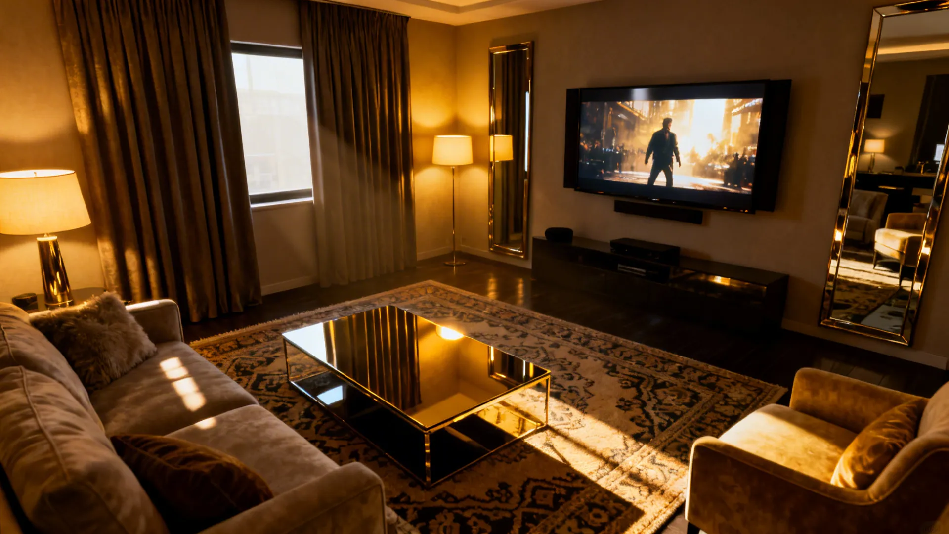 Multipurpose living room with black blackout curtains, TV and reflective surfaces