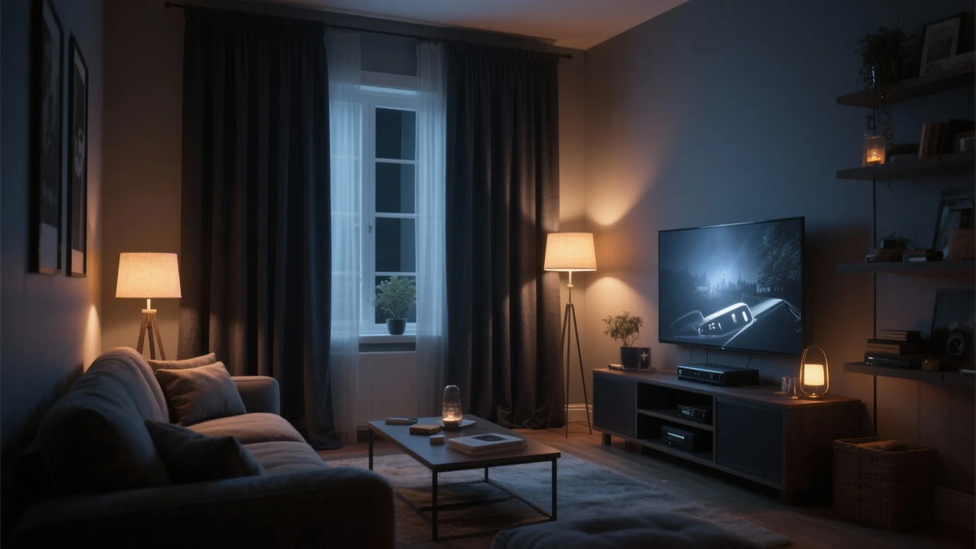 Modern dark living room with grey sofa coffee table television and windows with blackout curtains
